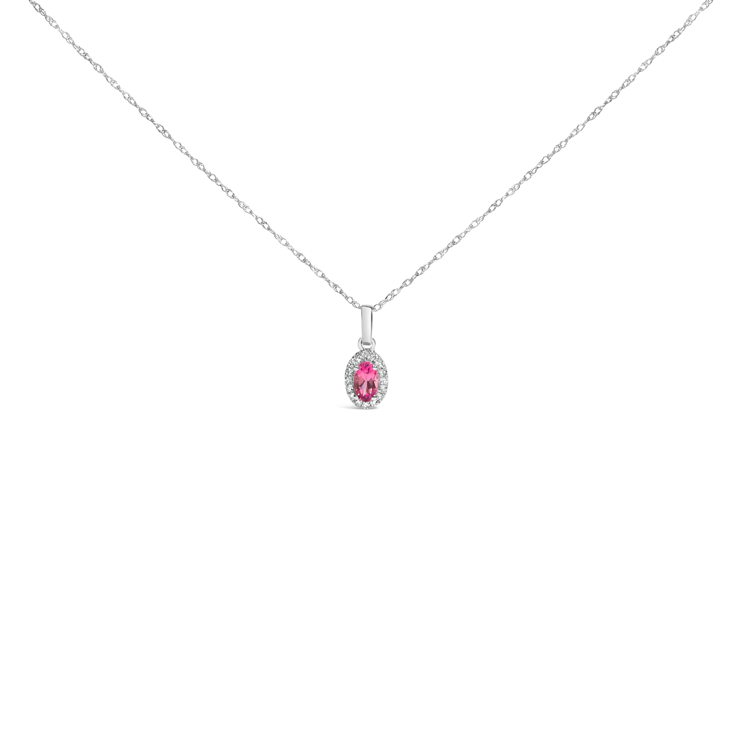 10K White Gold 5x3mm Gemstone and Diamond Accent Halo Oval Shape 18" Pendant Necklace