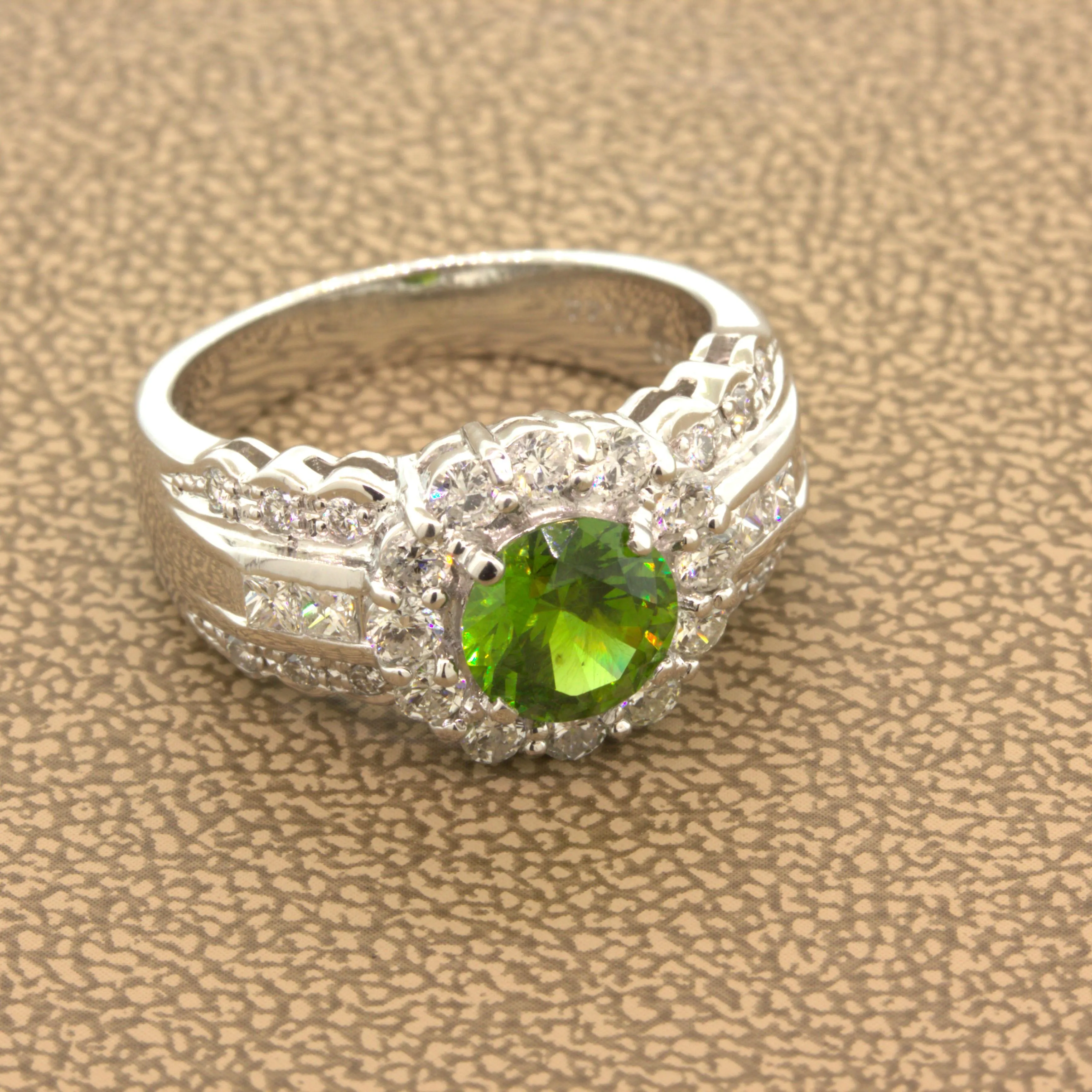 1.44 Carat Russian Demantoid Garnet Diamond Platinum Ring