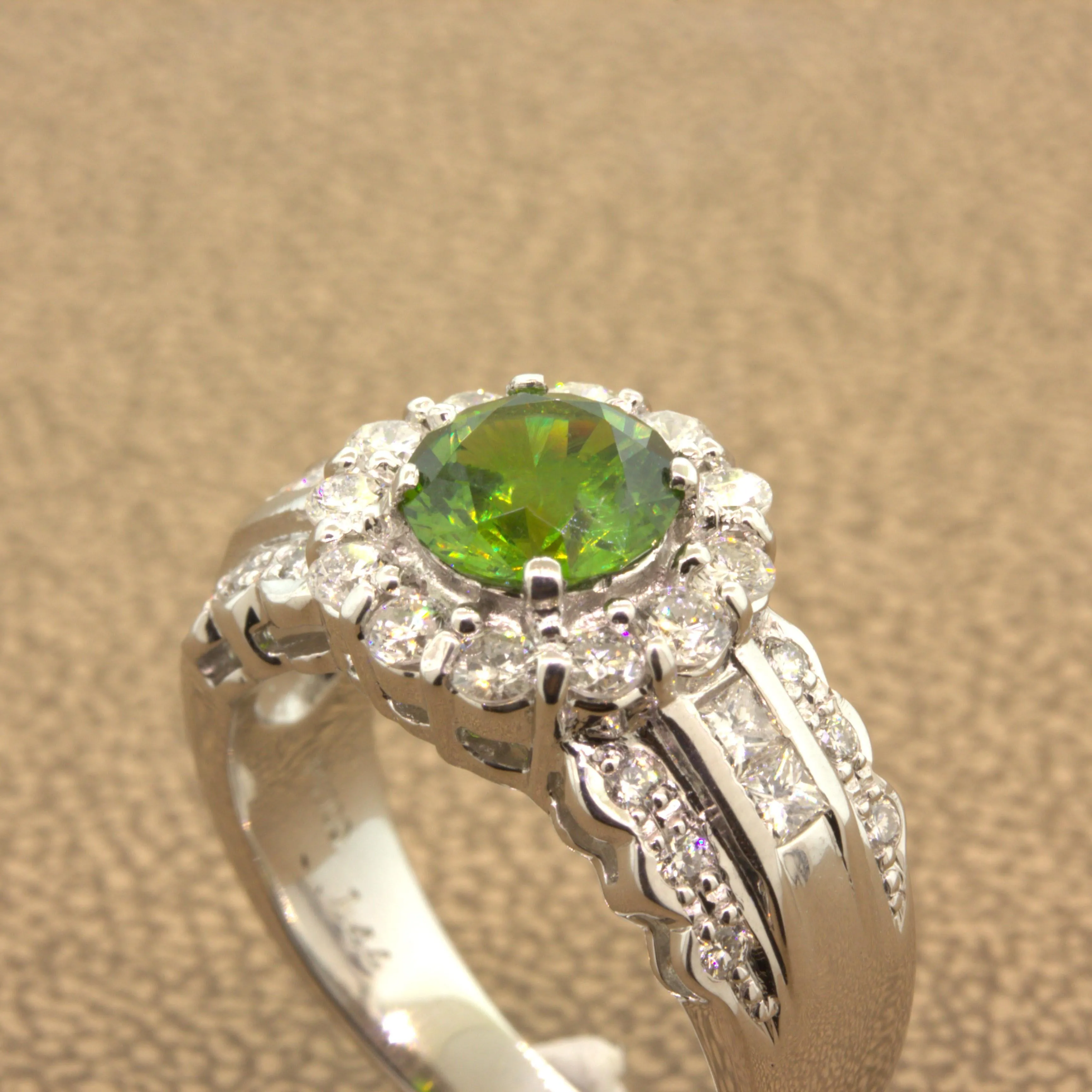 1.44 Carat Russian Demantoid Garnet Diamond Platinum Ring