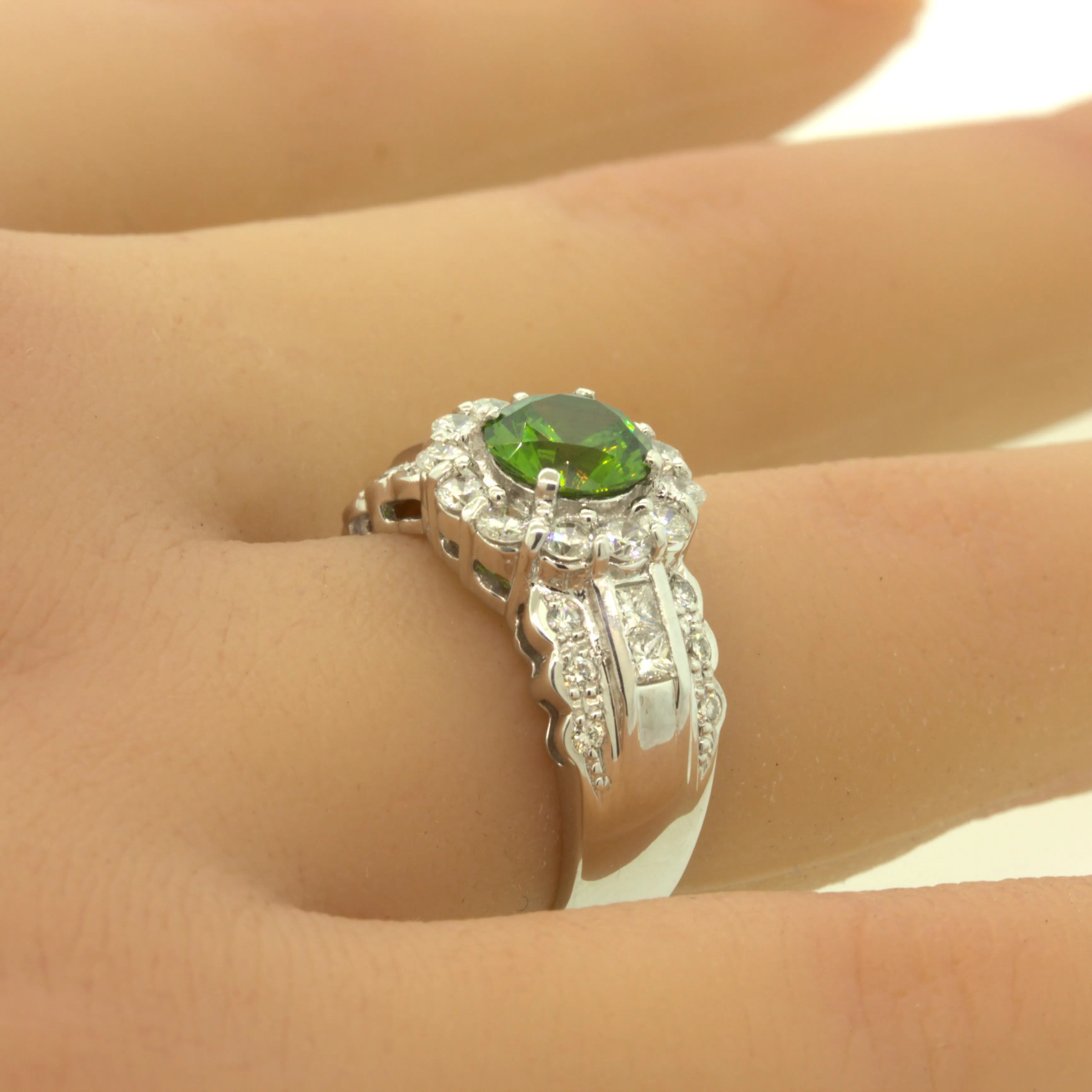 1.44 Carat Russian Demantoid Garnet Diamond Platinum Ring
