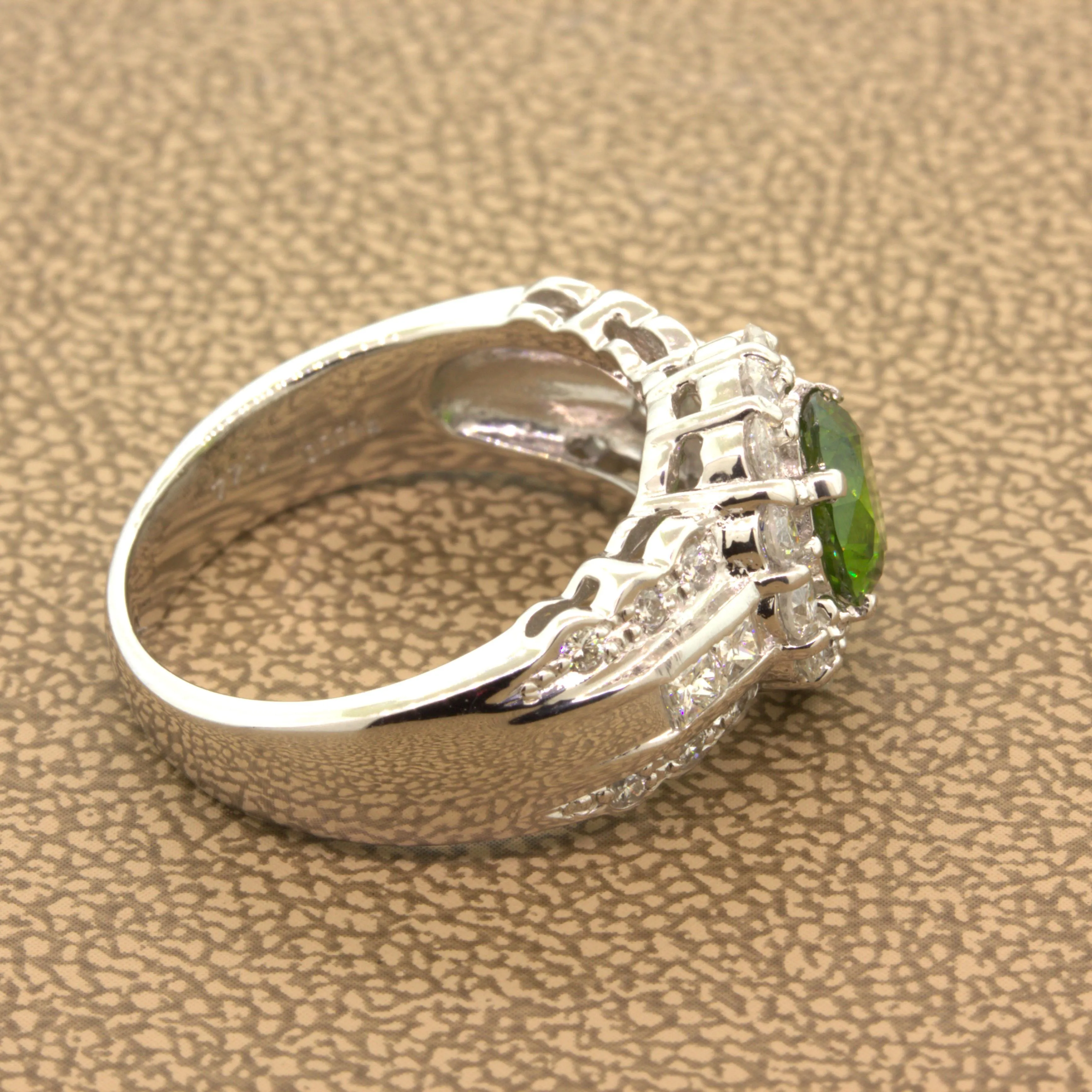 1.44 Carat Russian Demantoid Garnet Diamond Platinum Ring