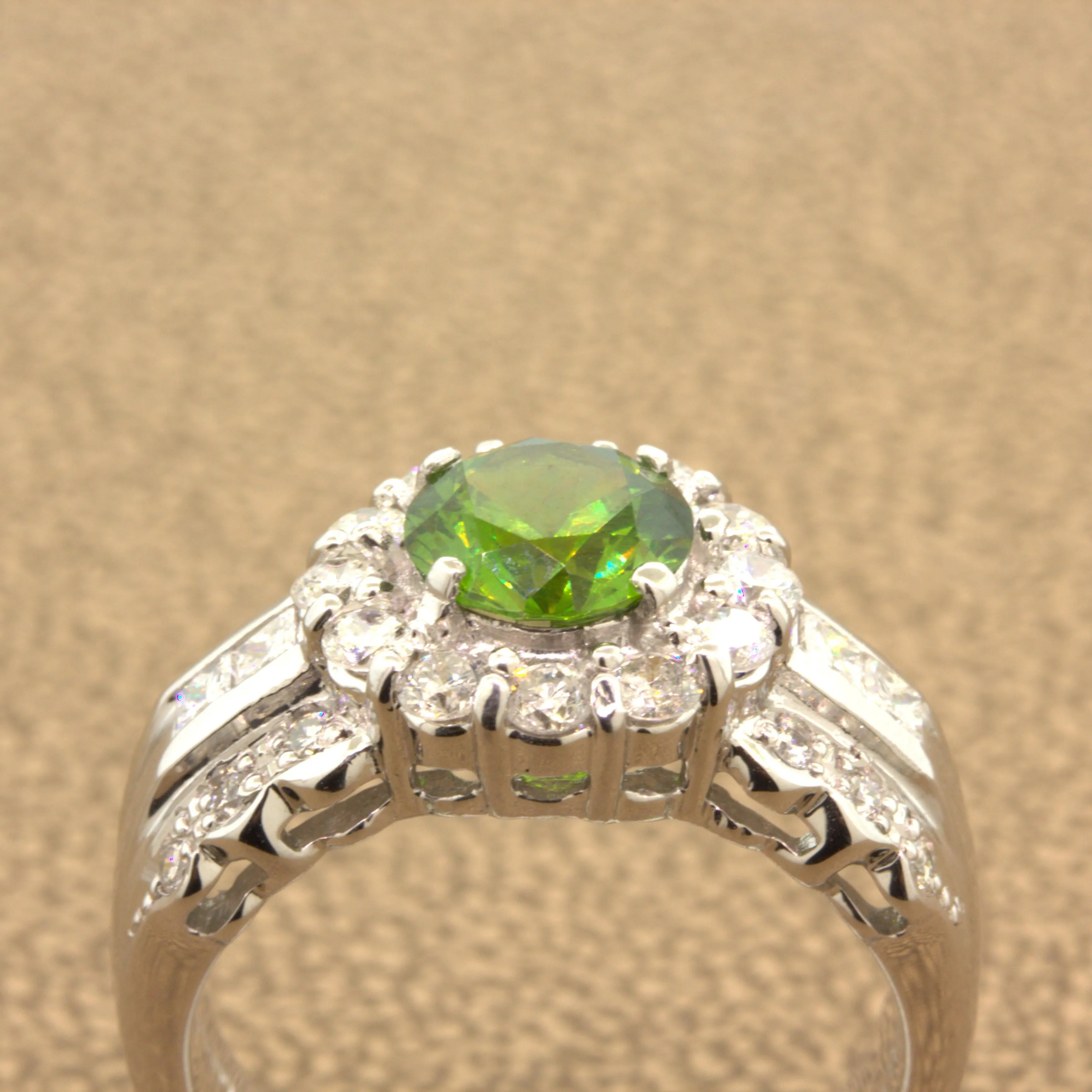 1.44 Carat Russian Demantoid Garnet Diamond Platinum Ring