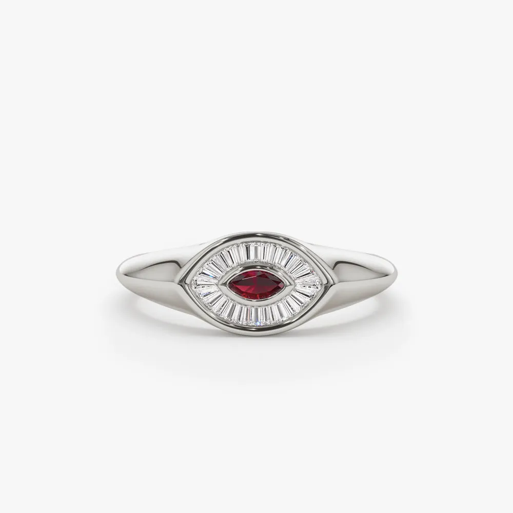 14k Marquise Shaped Ruby and Baguette Diamond Ring