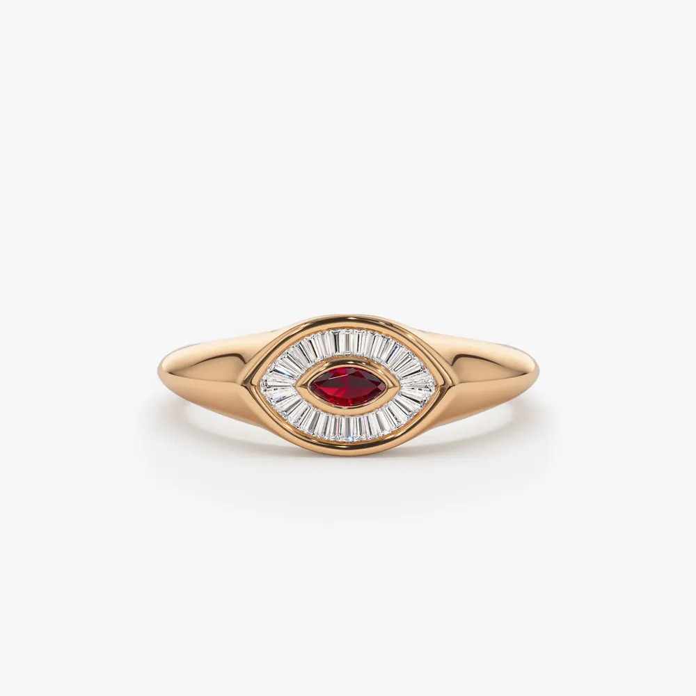 14k Marquise Shaped Ruby and Baguette Diamond Ring