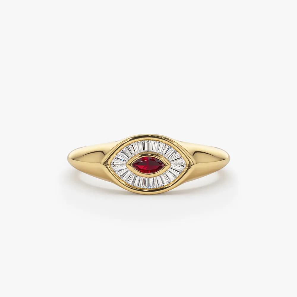 14k Marquise Shaped Ruby and Baguette Diamond Ring