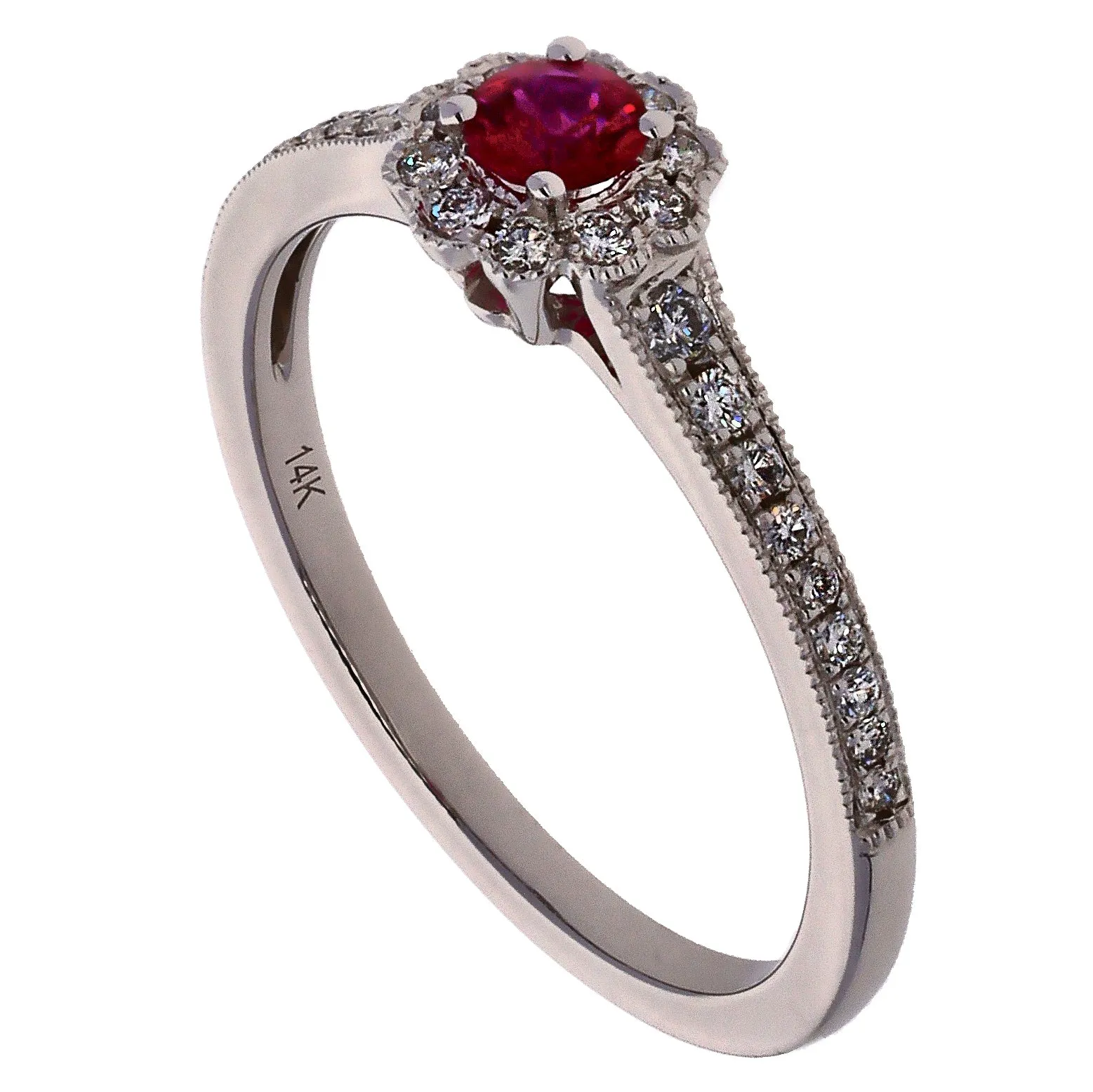 14K White Gold Round Ruby and Diamonds Fashion Ring