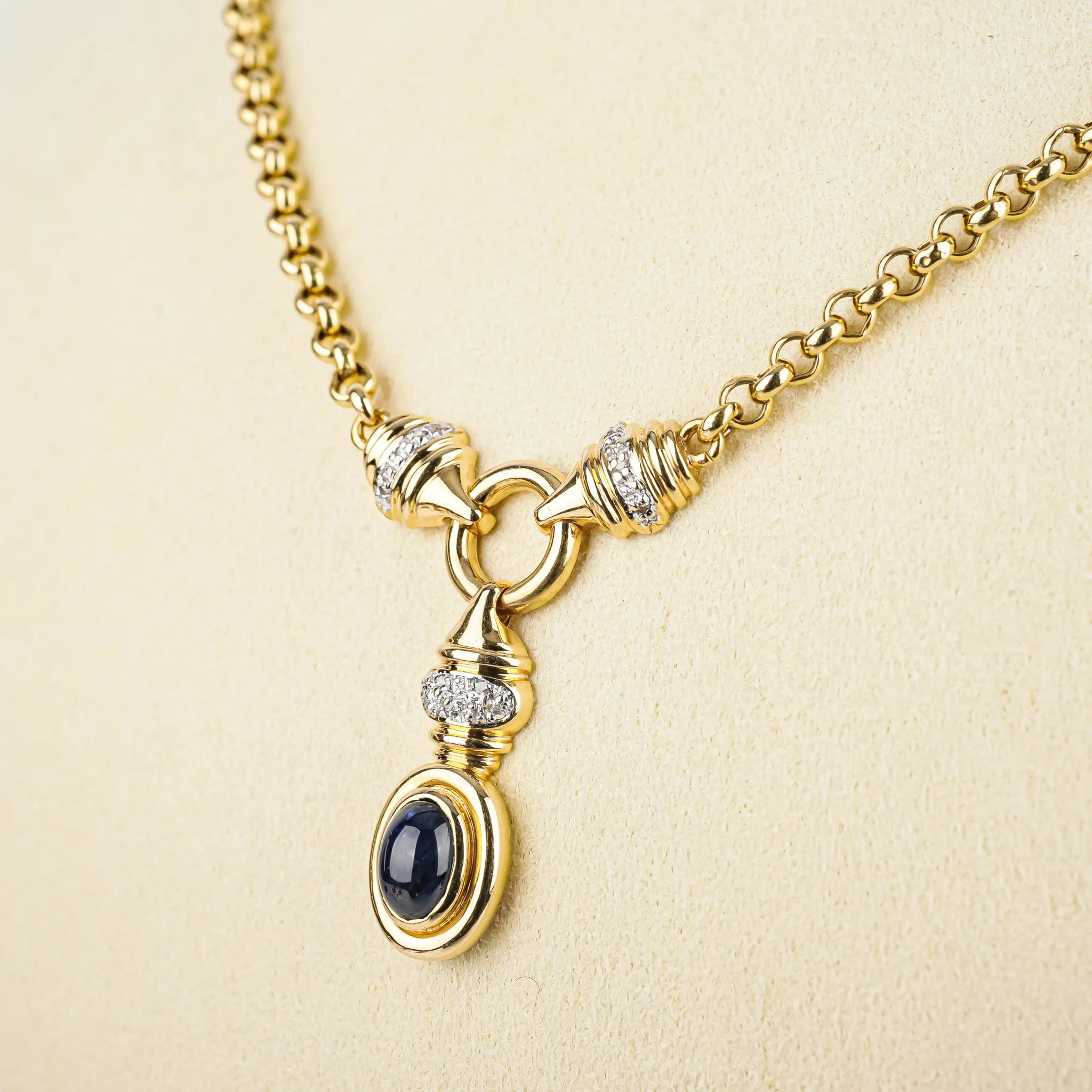 14K Yellow Gold Cabochon Sapphire Diamond Drop Necklace