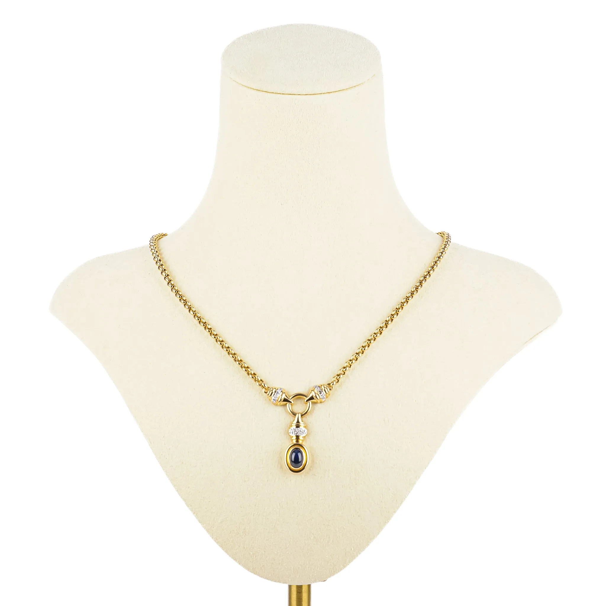 14K Yellow Gold Cabochon Sapphire Diamond Drop Necklace