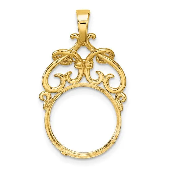 14k Yellow Gold Filigree Ornate Diamond Cut Prong Coin Bezel Holder Pendant Charm for 13mm Coins United States US 1 Dollar Type 1 Mexican 2 Peso