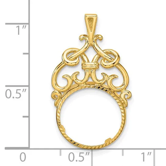 14k Yellow Gold Filigree Ornate Diamond Cut Prong Coin Bezel Holder Pendant Charm for 13mm Coins United States US 1 Dollar Type 1 Mexican 2 Peso