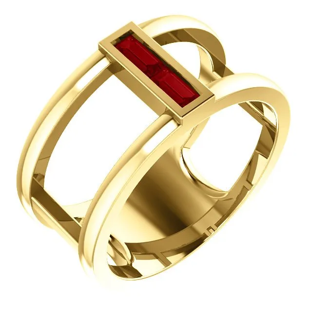 14KT GOLD 0.34 CTW BAGUETTE RUBY NEGATIVE SPACE RING