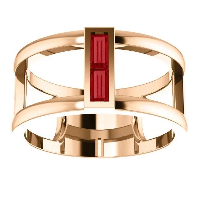 14KT GOLD 0.34 CTW BAGUETTE RUBY NEGATIVE SPACE RING