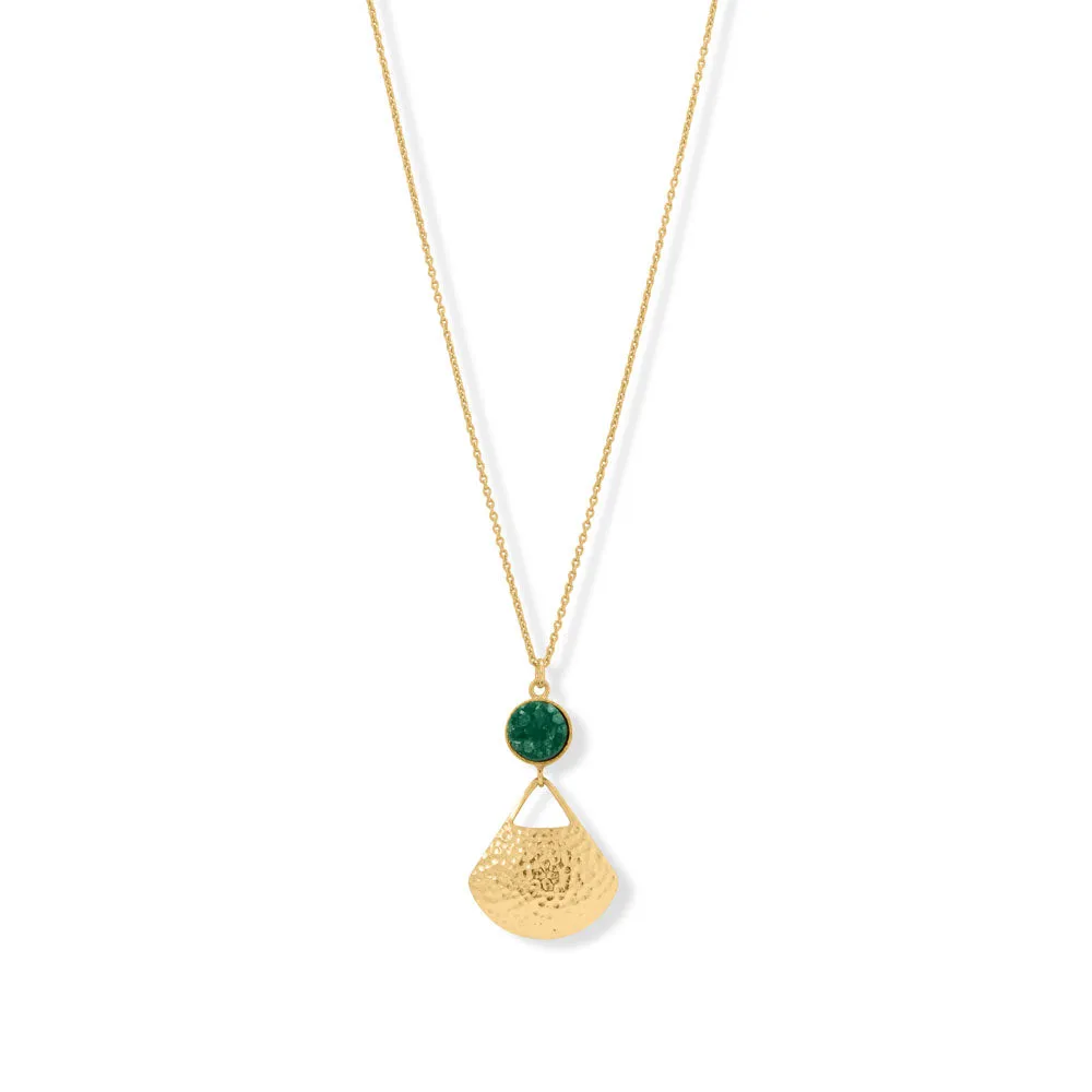 18"   1"   1" 14 Karat Gold Plated Green Druzy and Fan Necklace