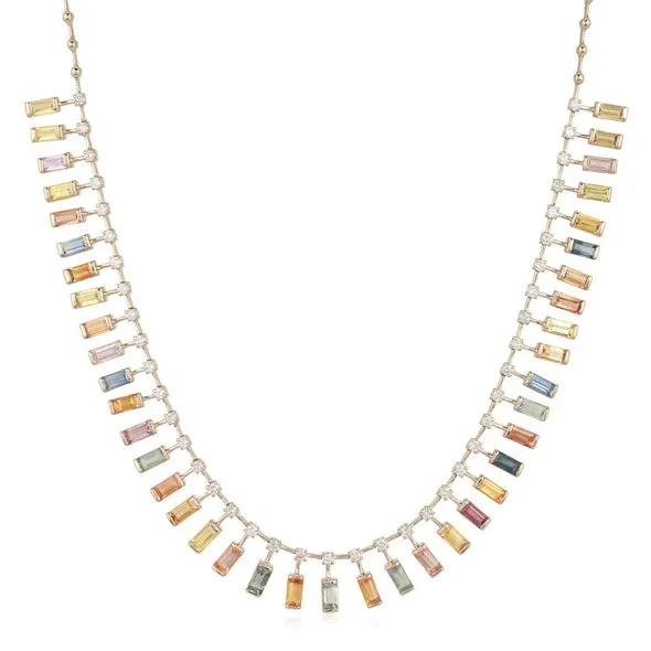 2.31ct Diamond Multi Color Sapphire 18K Gold Halfway Floating Baguette Necklace