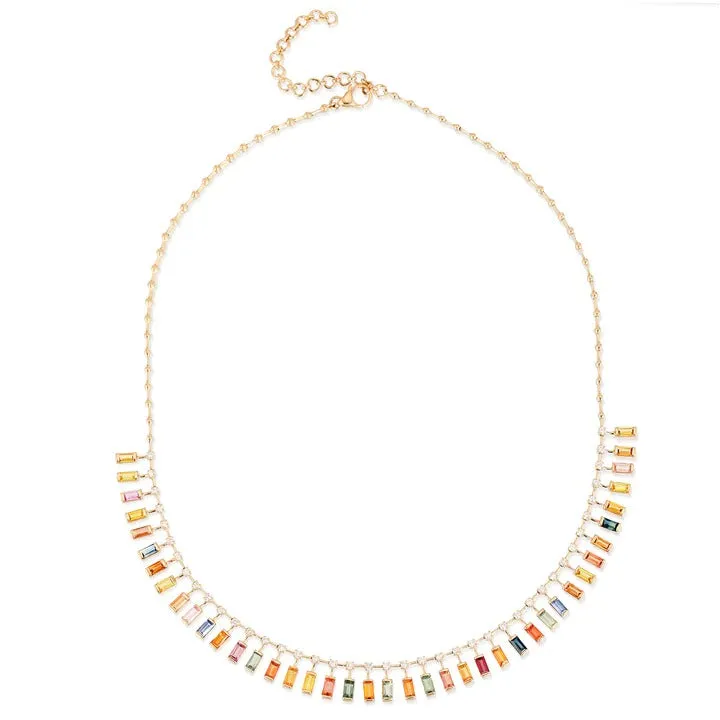 2.31ct Diamond Multi Color Sapphire 18K Gold Halfway Floating Baguette Necklace