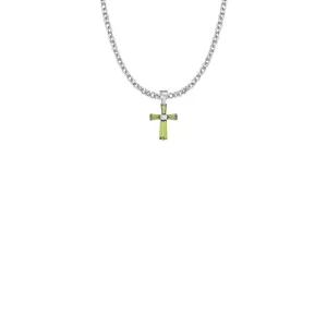 5/8 Inch Sterling Silver and Glass Crystal First Communion August Birthstone Baguette Cross Necklace