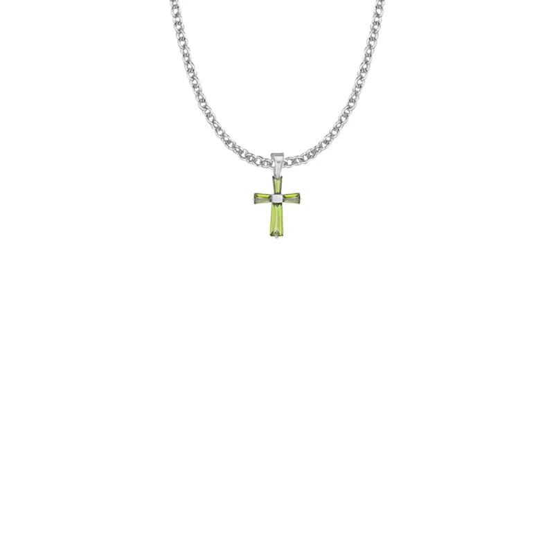 5/8 Inch Sterling Silver and Glass Crystal First Communion August Birthstone Baguette Cross Necklace