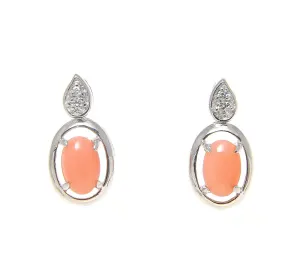 925 Sterling Silver Rhodium CZ Genuine Natural 4x6mm Oval Pink Coral Earrings
