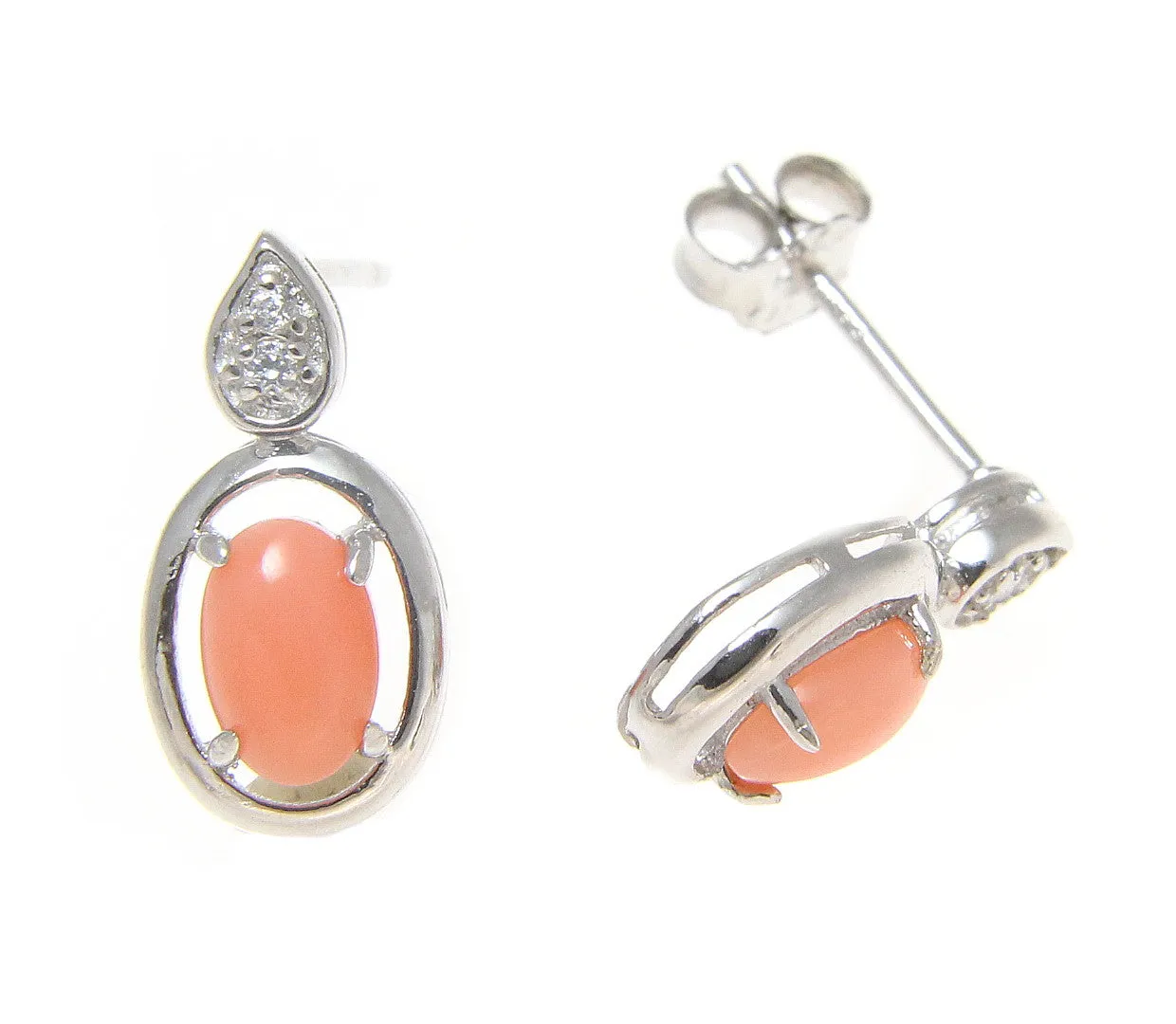 925 Sterling Silver Rhodium CZ Genuine Natural 4x6mm Oval Pink Coral Earrings