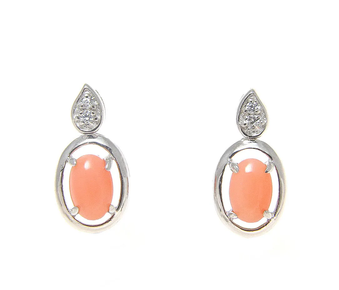 925 Sterling Silver Rhodium CZ Genuine Natural 4x6mm Oval Pink Coral Earrings