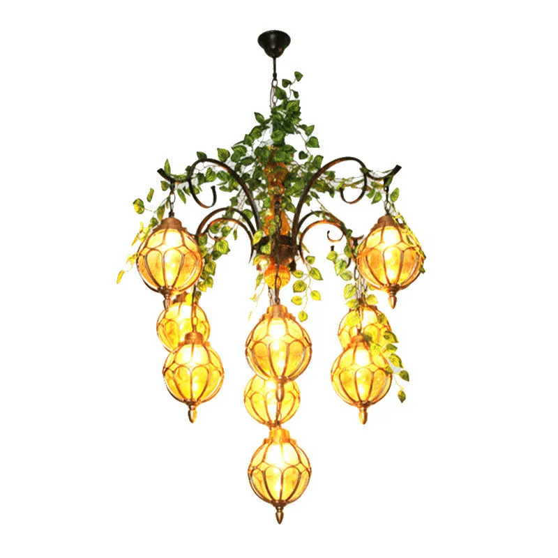 Antique Amber Glass Brass Chandelier - 5/9 Lights - Elegant Dining Room Lighting
