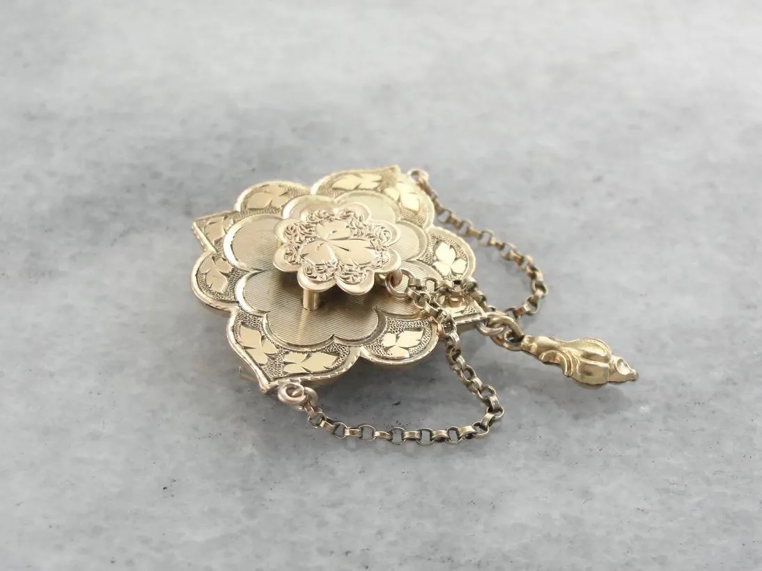 Antique Victorian Brooch, Ivy Leaf Motif, 1800's Gold