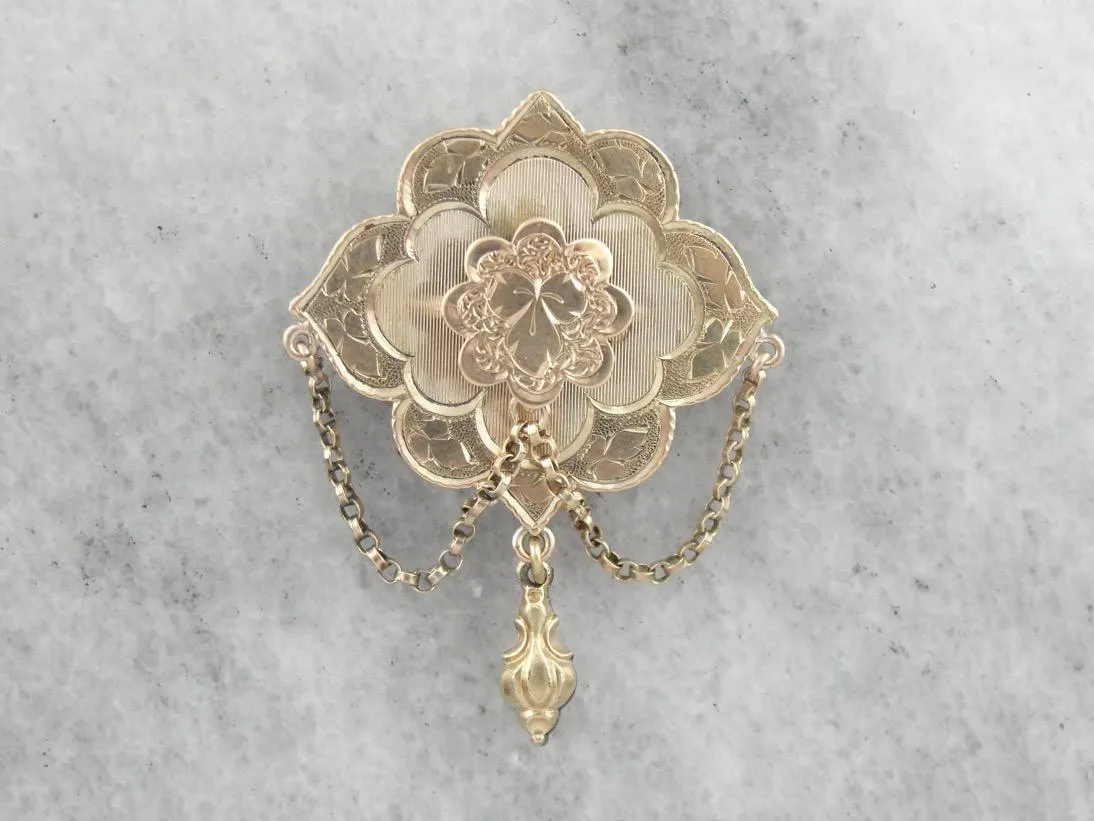 Antique Victorian Brooch, Ivy Leaf Motif, 1800's Gold