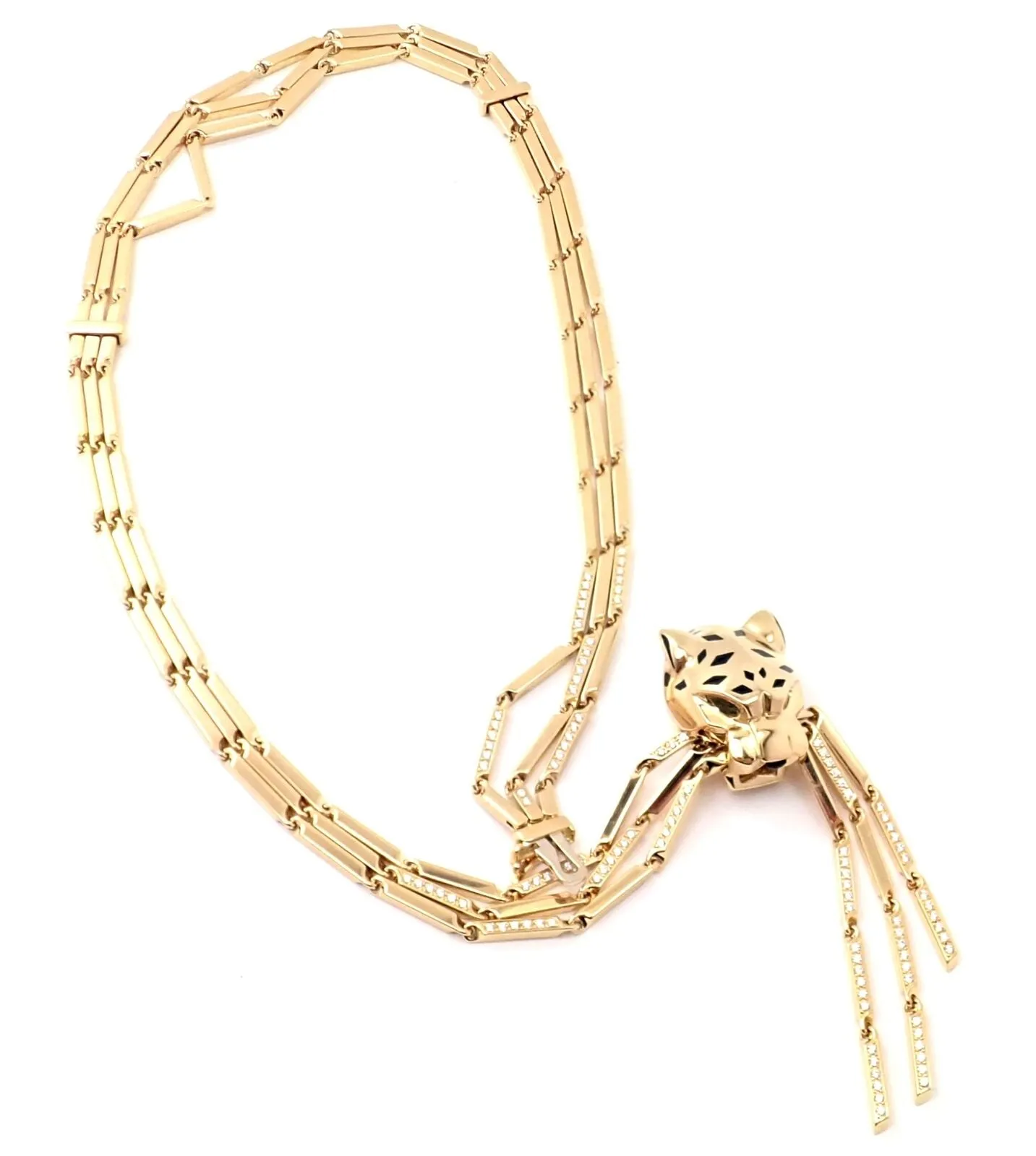 Authentic! Cartier Panther 18k Gold Diamond Peridot Onyx Lacquer Tassel Necklace
