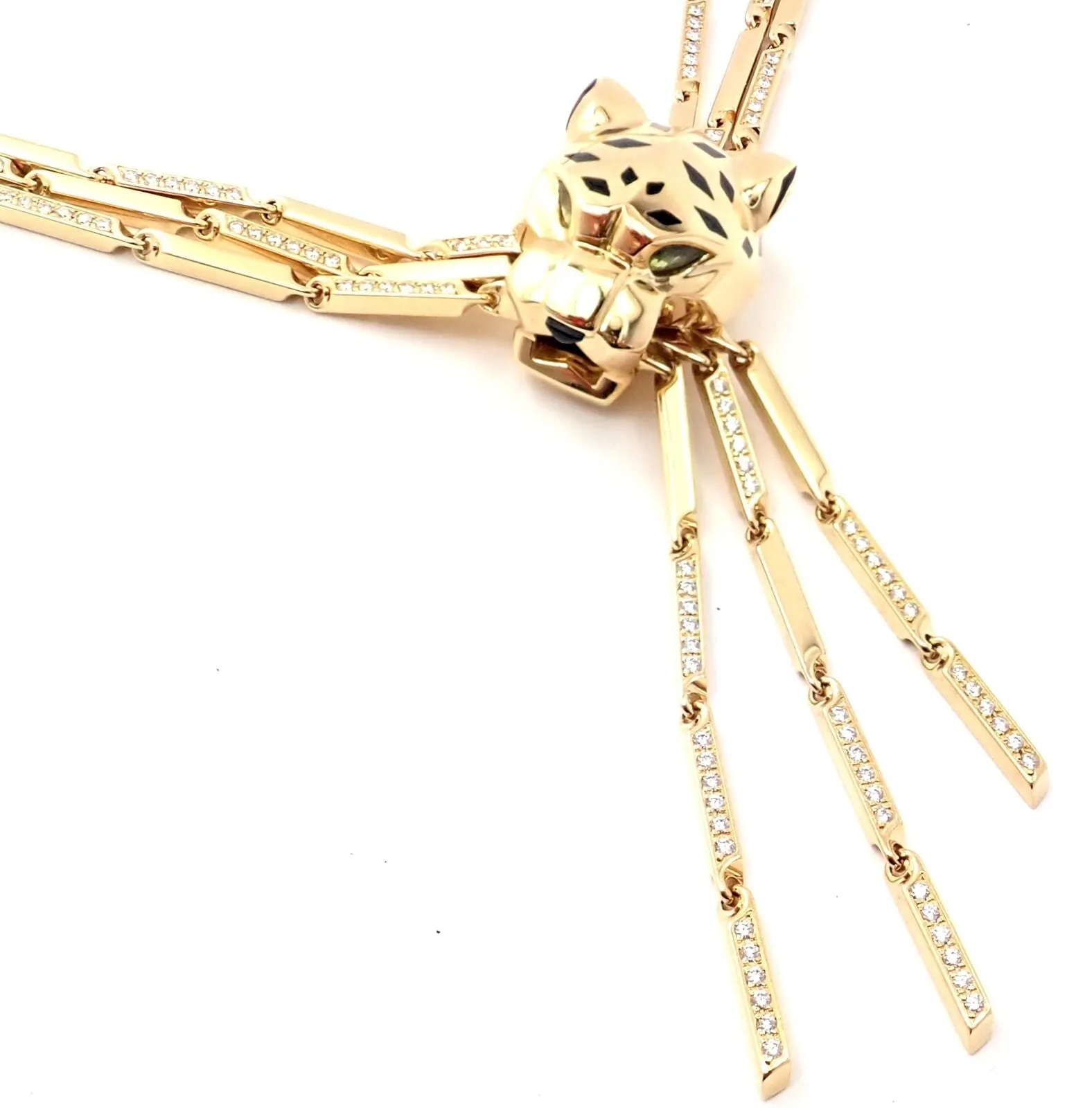 Authentic! Cartier Panther 18k Gold Diamond Peridot Onyx Lacquer Tassel Necklace