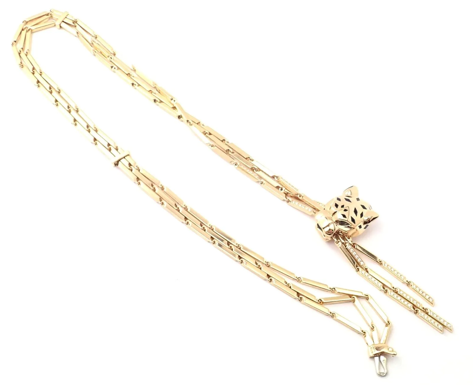 Authentic! Cartier Panther 18k Gold Diamond Peridot Onyx Lacquer Tassel Necklace
