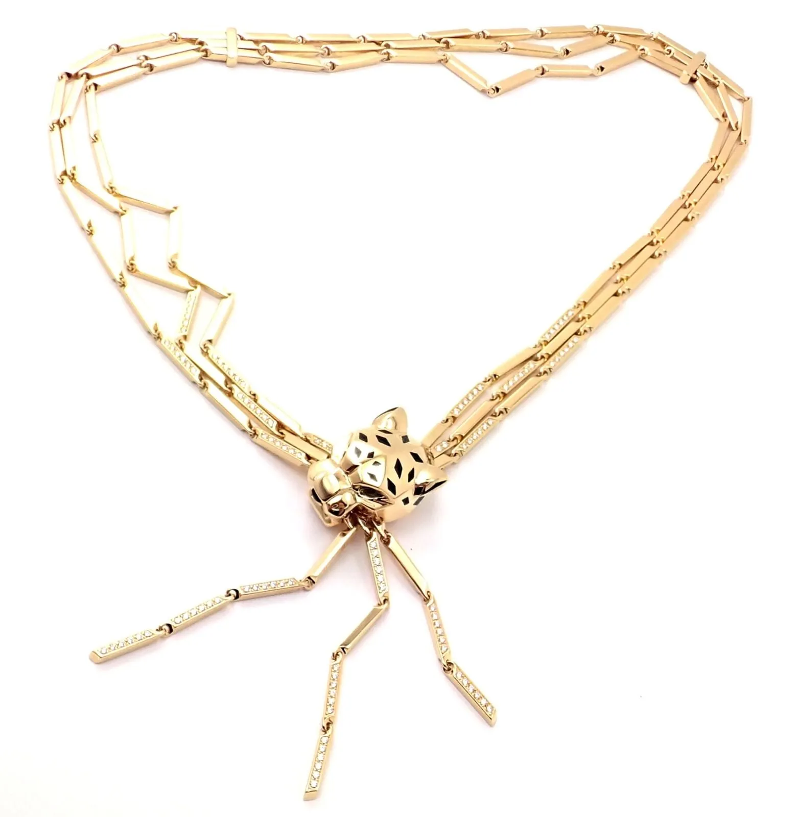 Authentic! Cartier Panther 18k Gold Diamond Peridot Onyx Lacquer Tassel Necklace