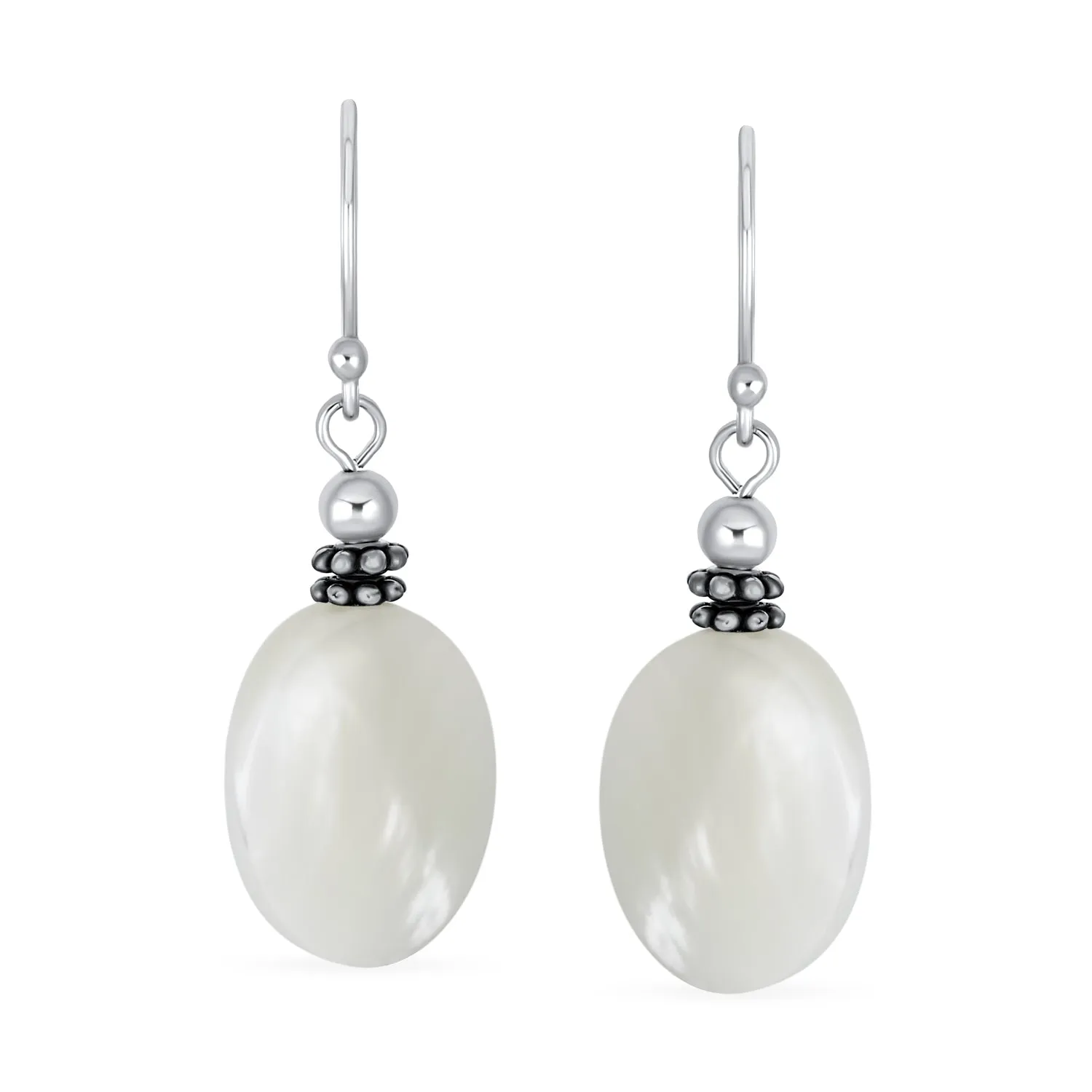 Bali White MOP Green Jade Oval Gemstone Drop Earrings Sterling Silver