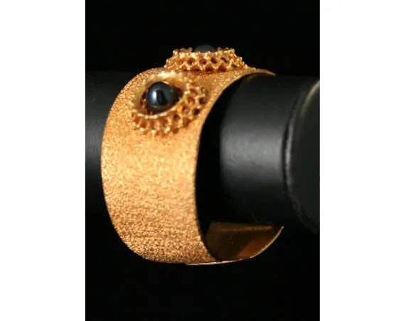 Bold 1950s Brass Cuff Bracelet with Marcasite Studs - Summer - Goldtone - 1950s - Steel Gray - Bold - Rockabilly - Deadstock - 40151-1