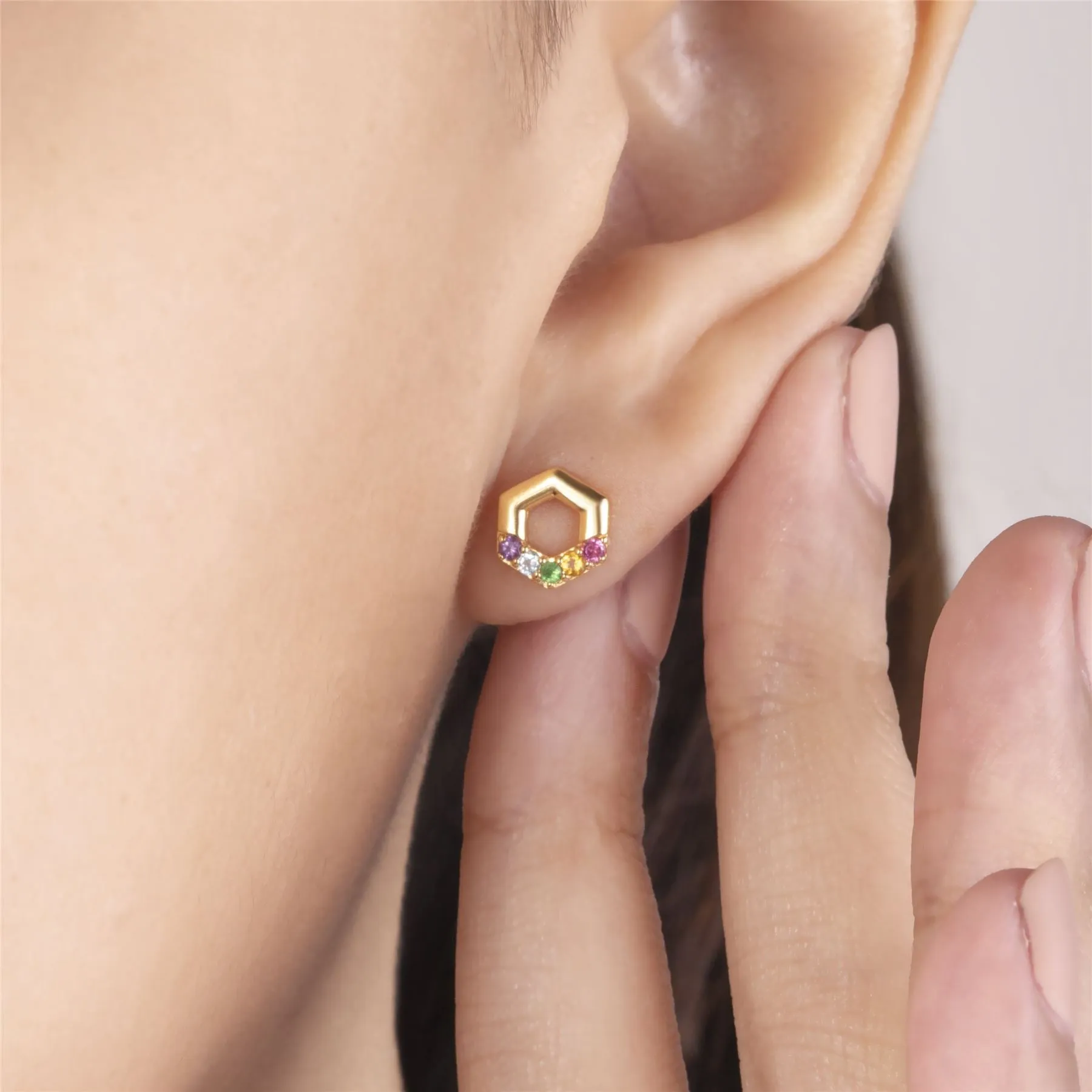 Boucles d'Oreilles Hexagone Clou Arc-en-Ciel Argent 925 Plaqué Or