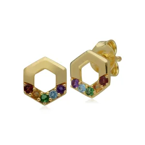 Boucles d'Oreilles Hexagone Clou Arc-en-Ciel Argent 925 Plaqué Or