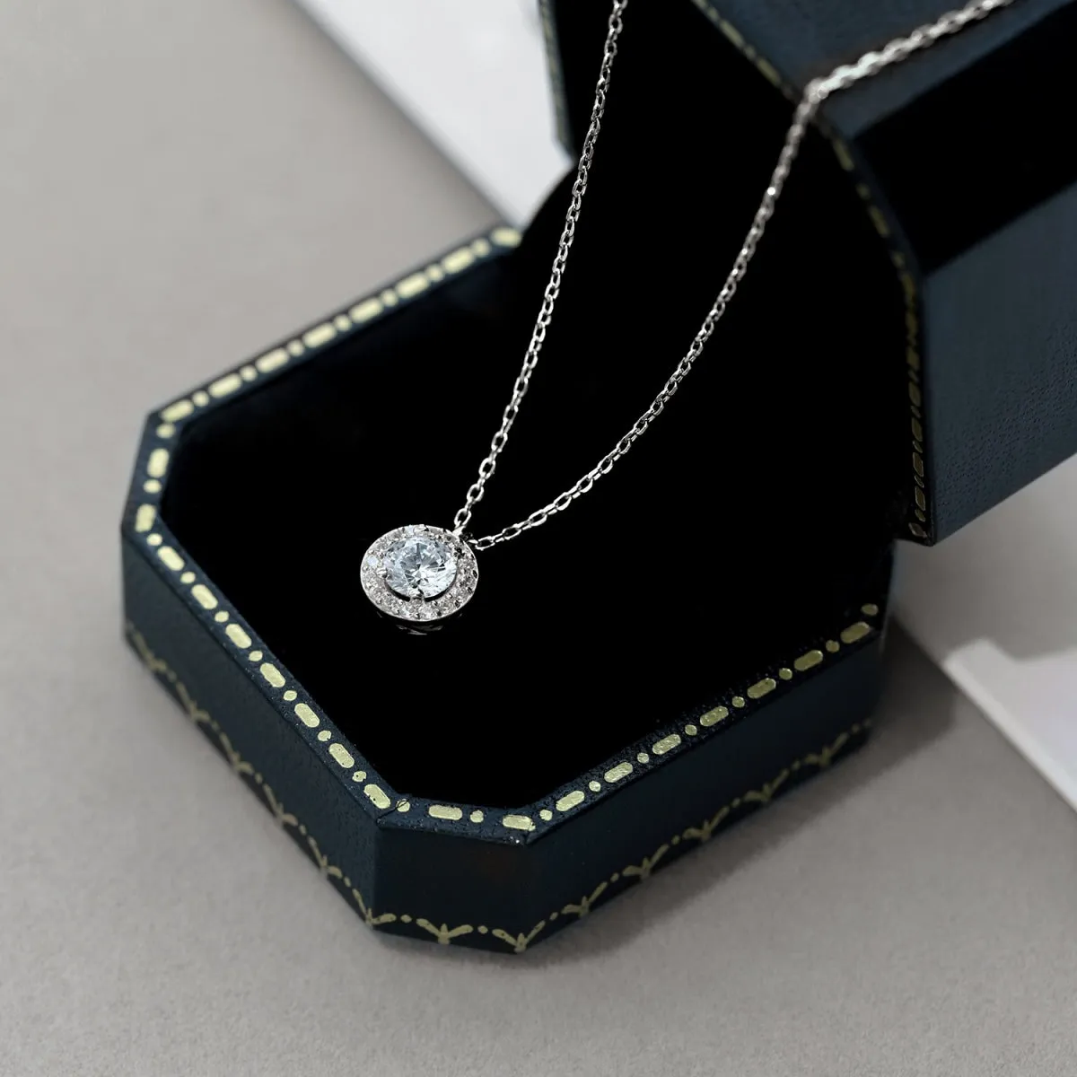 Cubic Zirconia Round Brilliant Halo Pendant Necklace