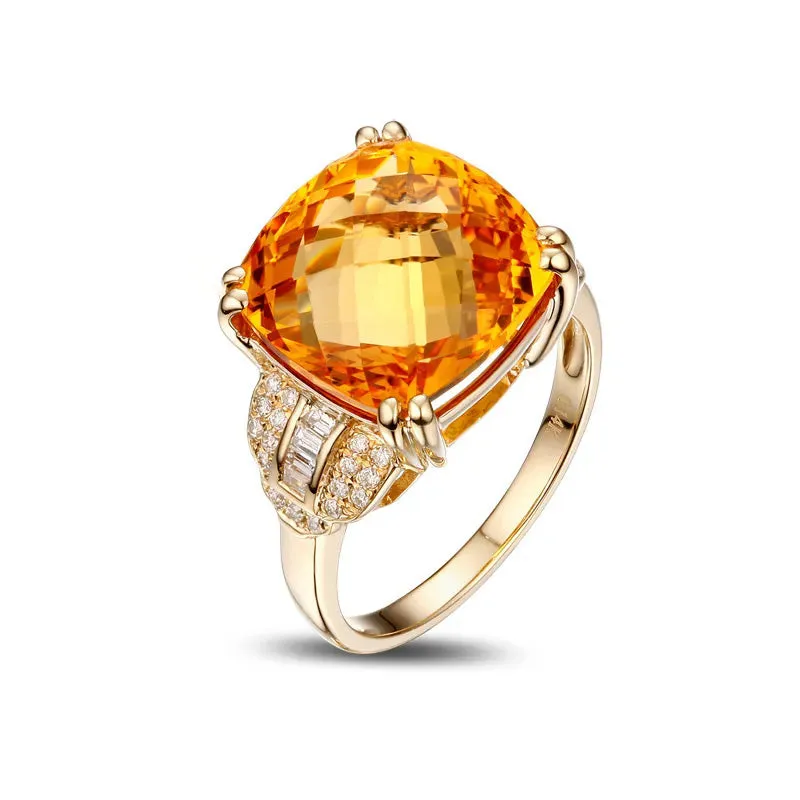 Cushion Flawless  8.20ct Citrine 14k Yellow Gold Diamond Ring