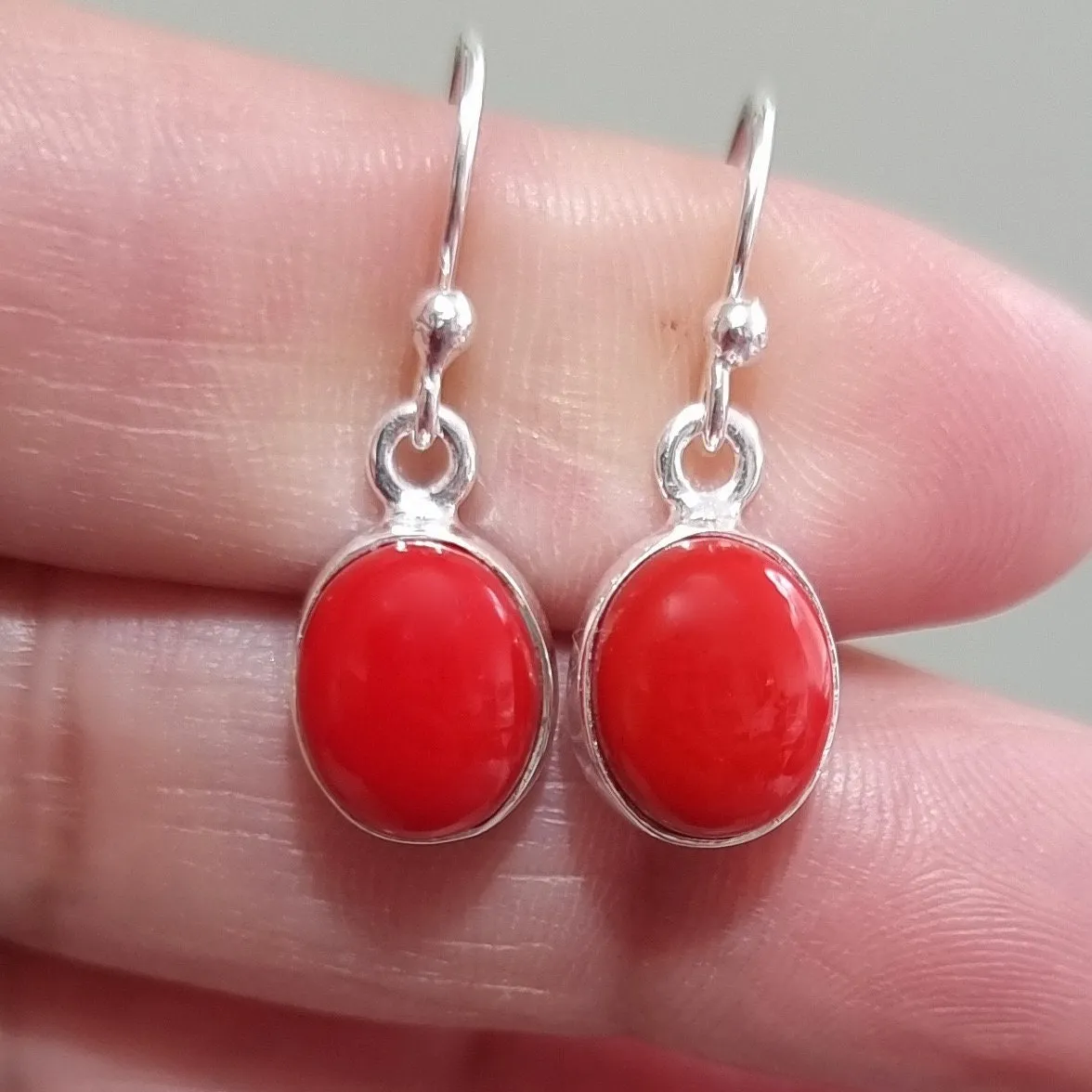 Dainty Oval Coral 925 Silver Dangle Earrings, E7COR