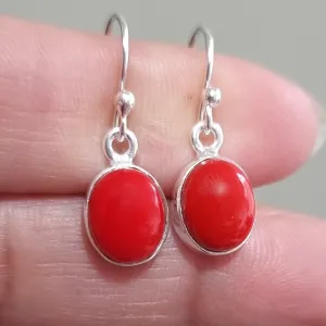 Dainty Oval Coral 925 Silver Dangle Earrings, E7COR