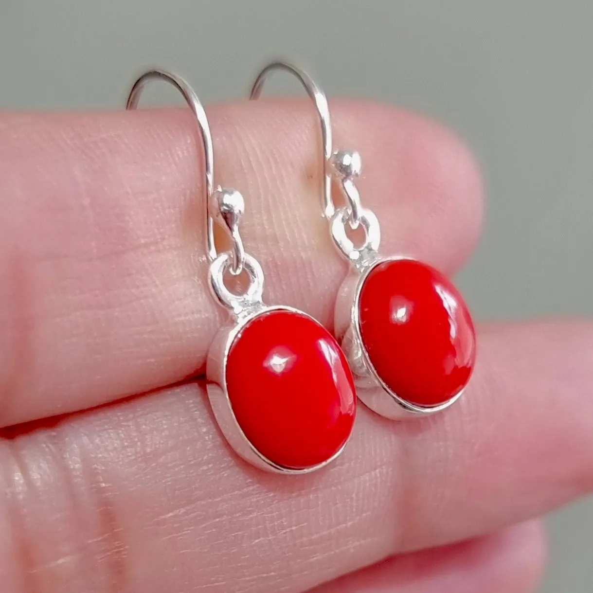 Dainty Oval Coral 925 Silver Dangle Earrings, E7COR