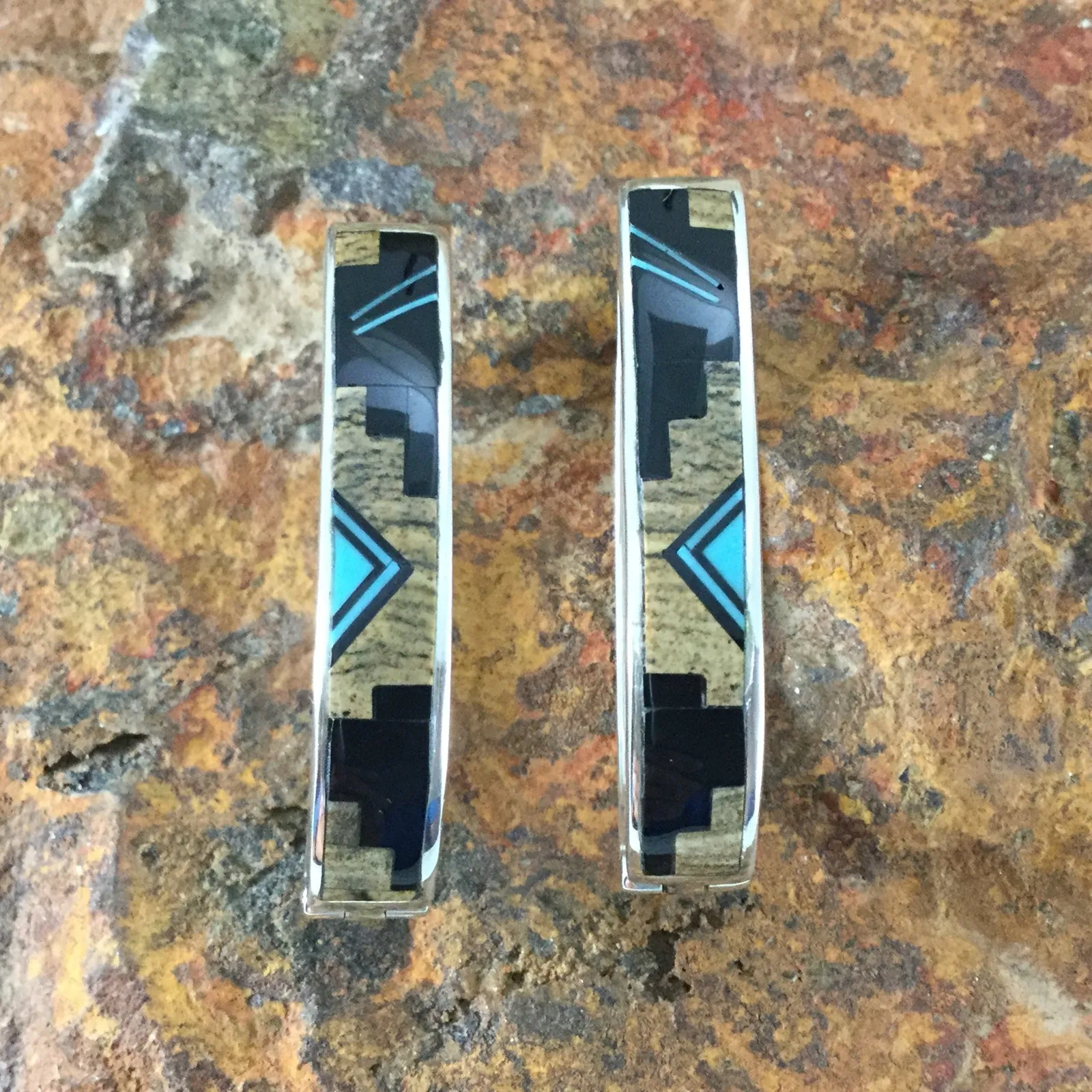 David Rosales Turquoise Creek Inlaid Sterling Silver Earrings Long Huggies