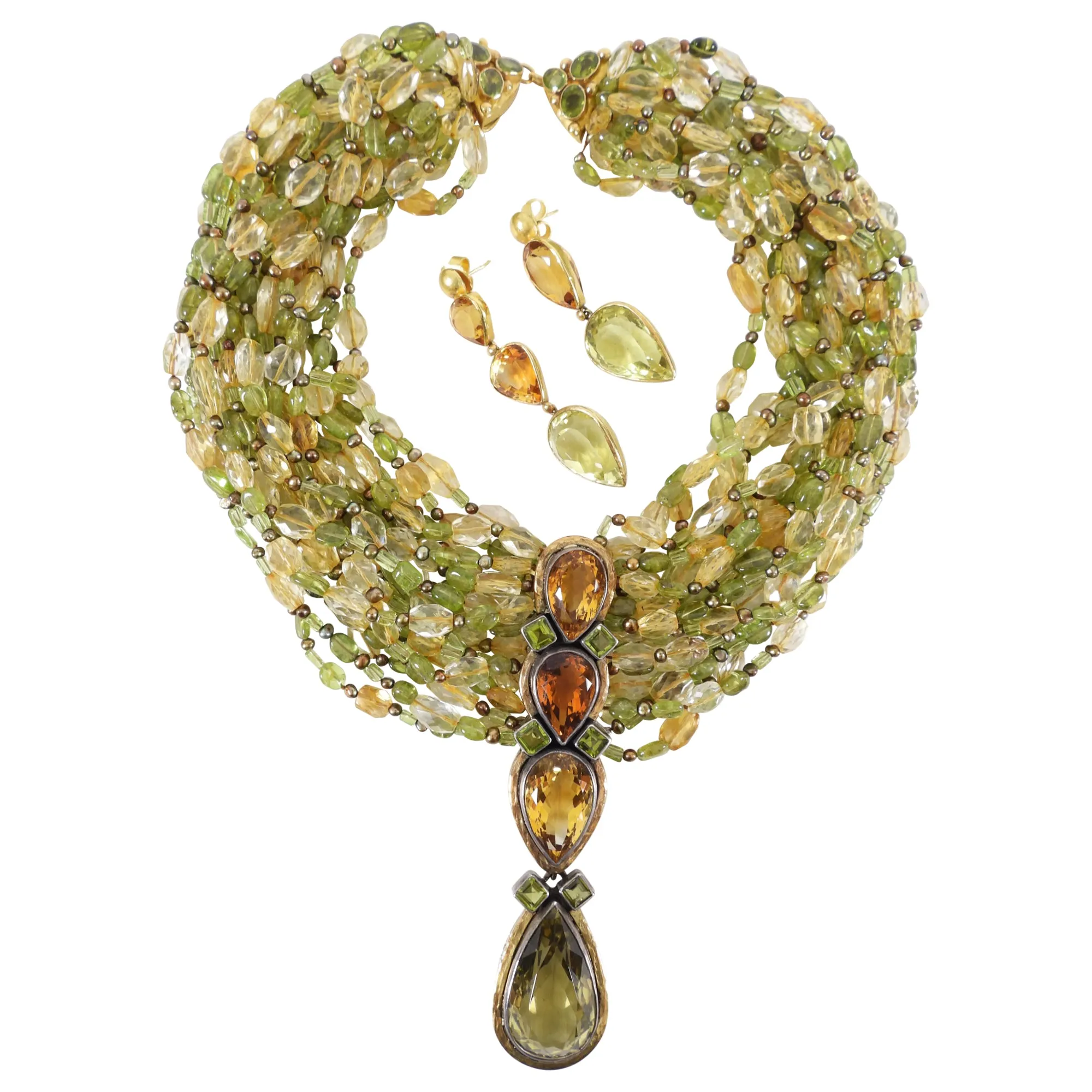 Eileen Coyne 22k Gold Tourmaline and Citrine Necklace and Earrings