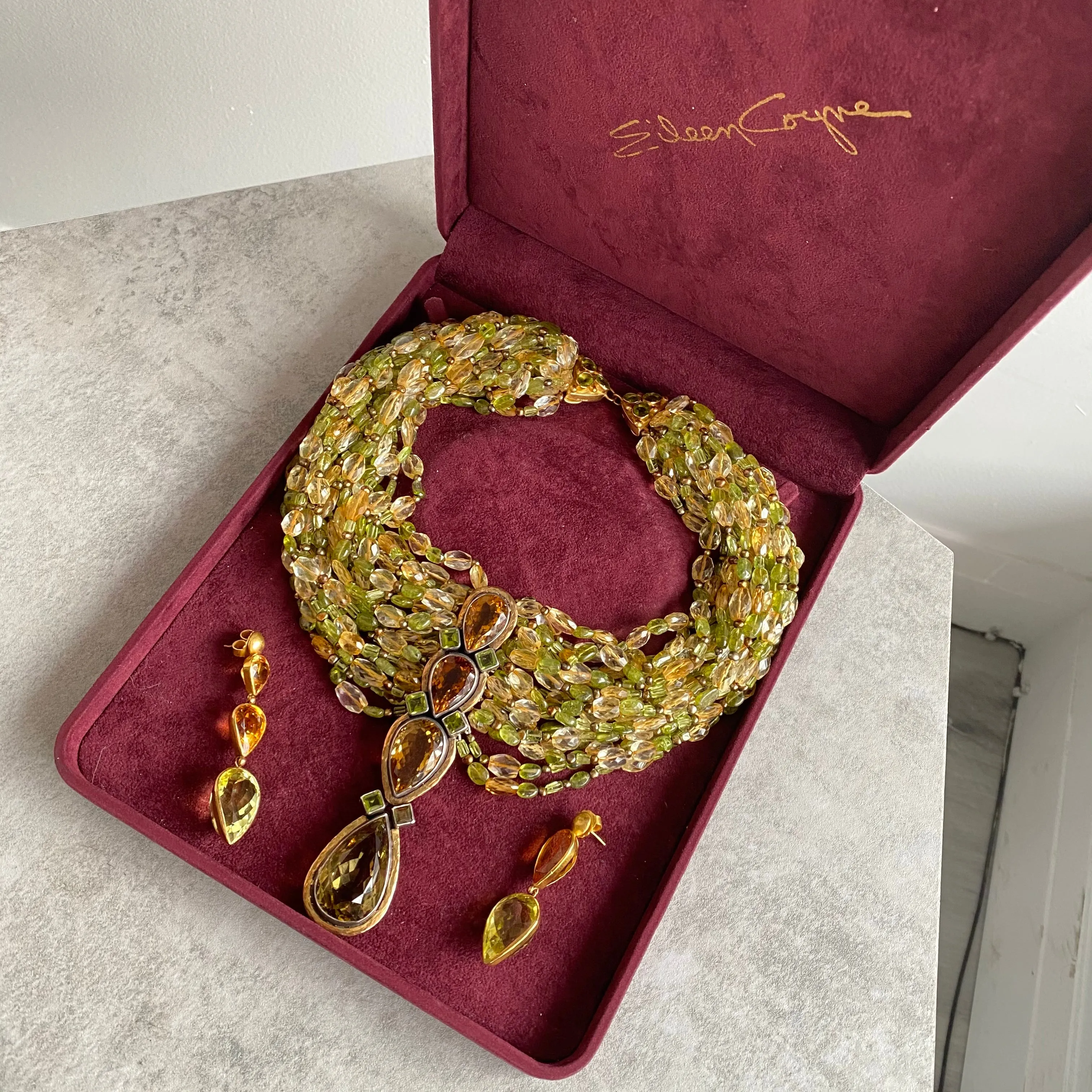 Eileen Coyne 22k Gold Tourmaline and Citrine Necklace and Earrings