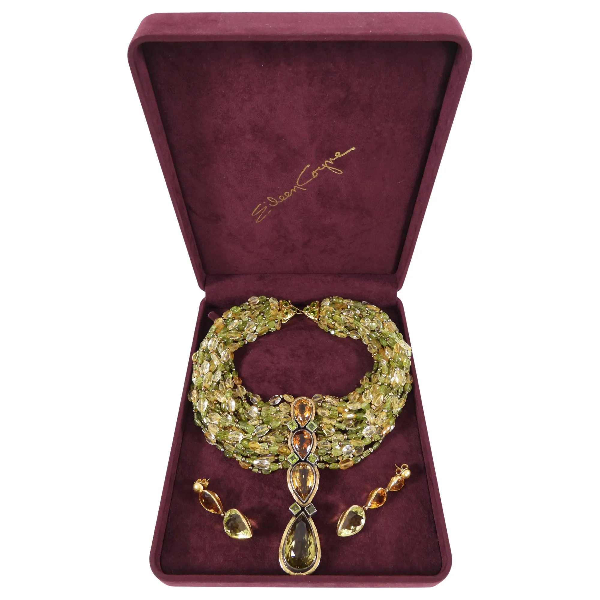 Eileen Coyne 22k Gold Tourmaline and Citrine Necklace and Earrings