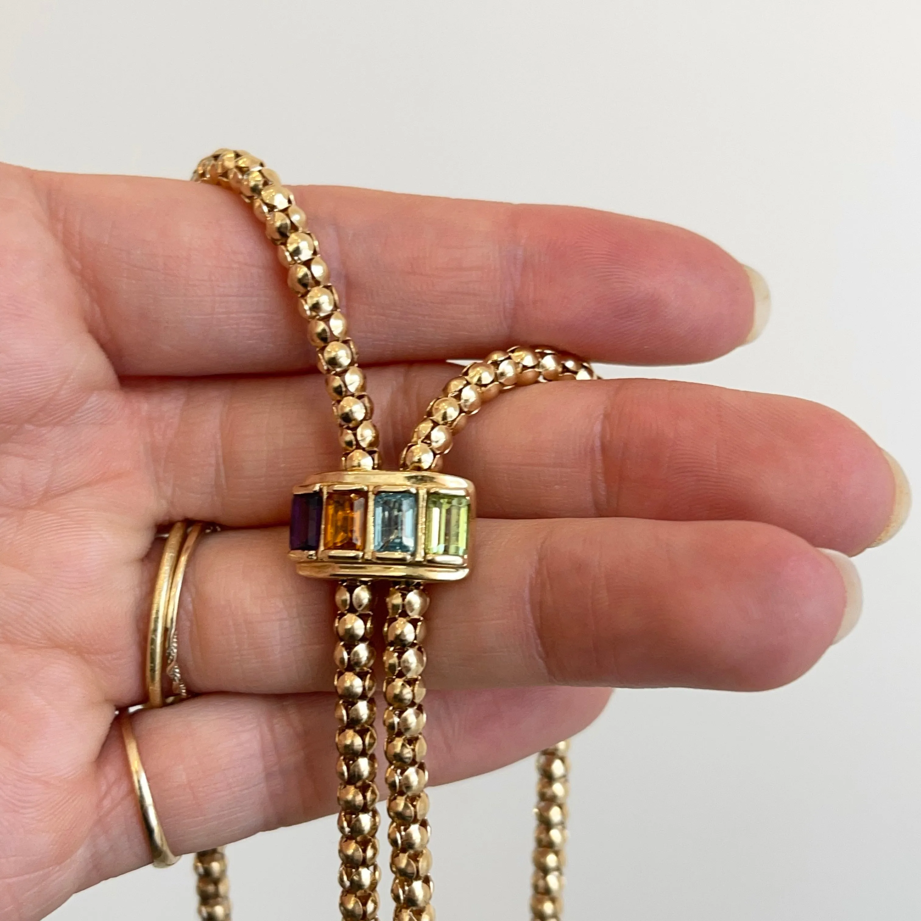 Estate 14KT Yellow Gold Byzantine Multi-Gemstone Popcorn Lariat Necklace