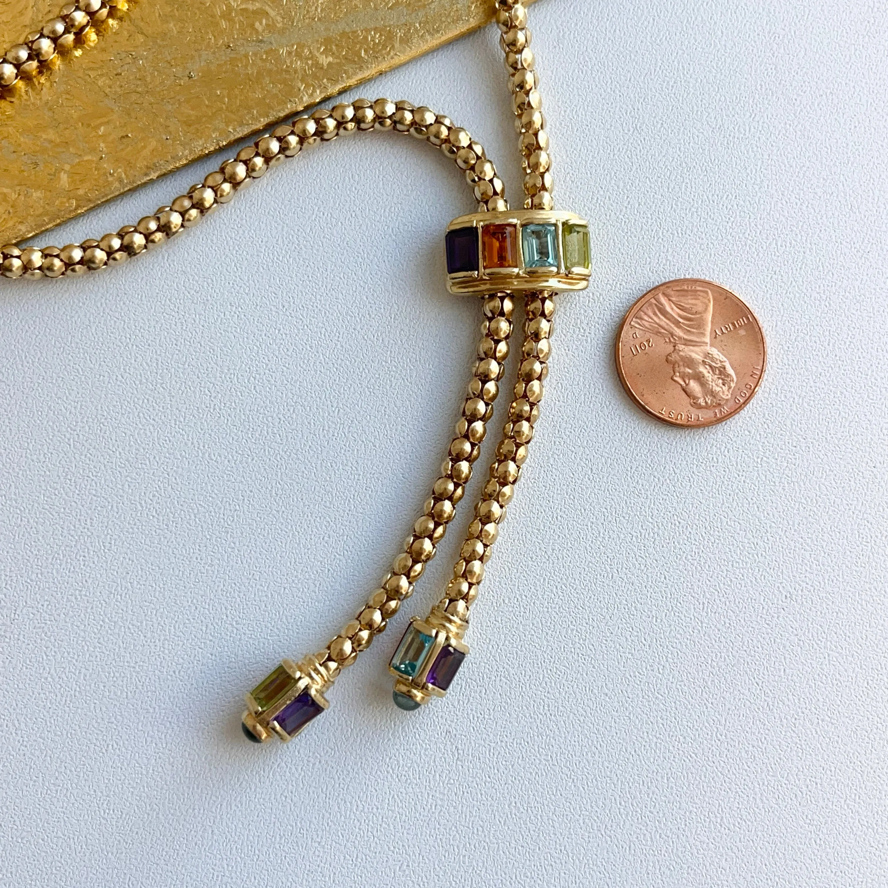 Estate 14KT Yellow Gold Byzantine Multi-Gemstone Popcorn Lariat Necklace