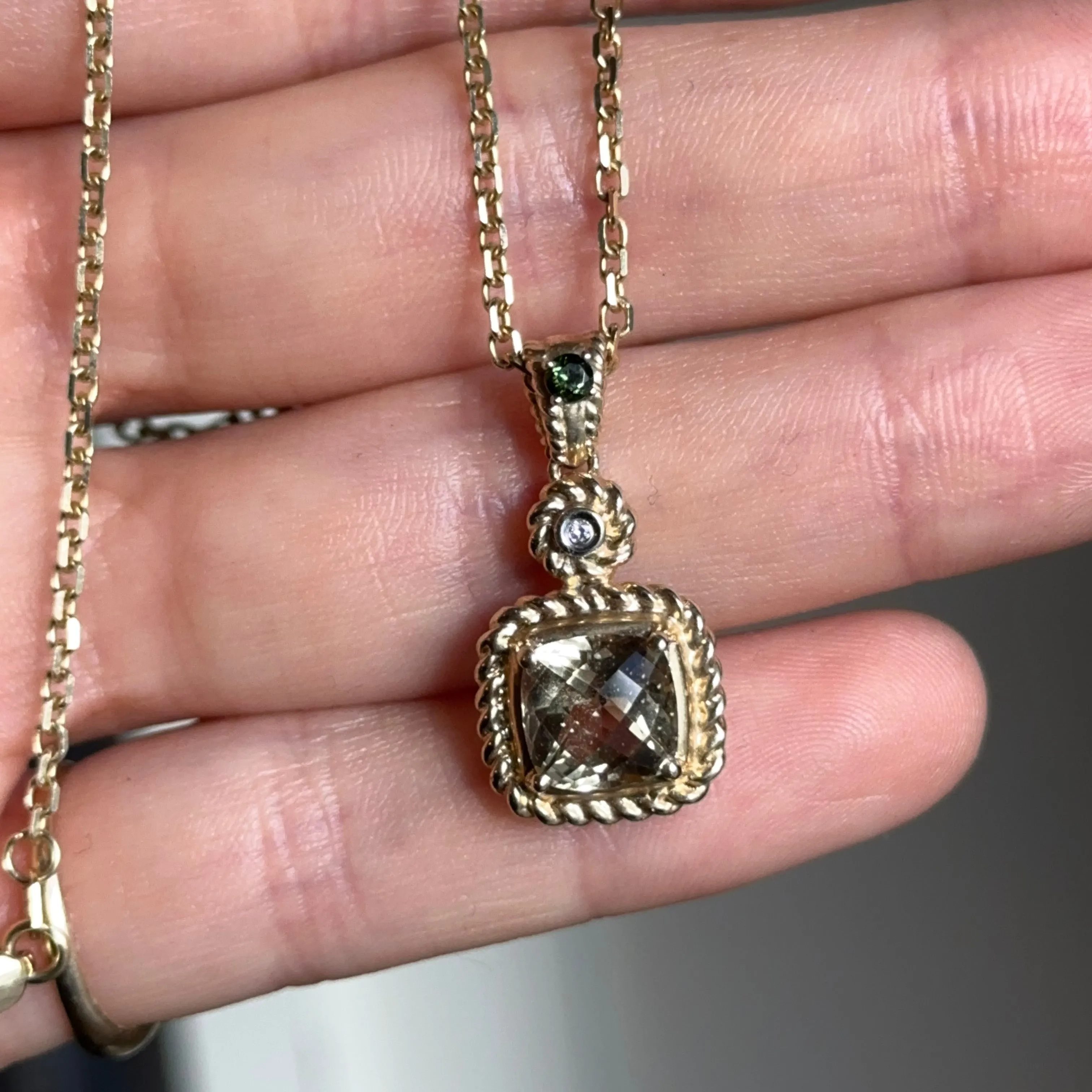Estate 14KT Yellow Gold Square Citrine, Diamond,   Tourmaline Chain Necklace