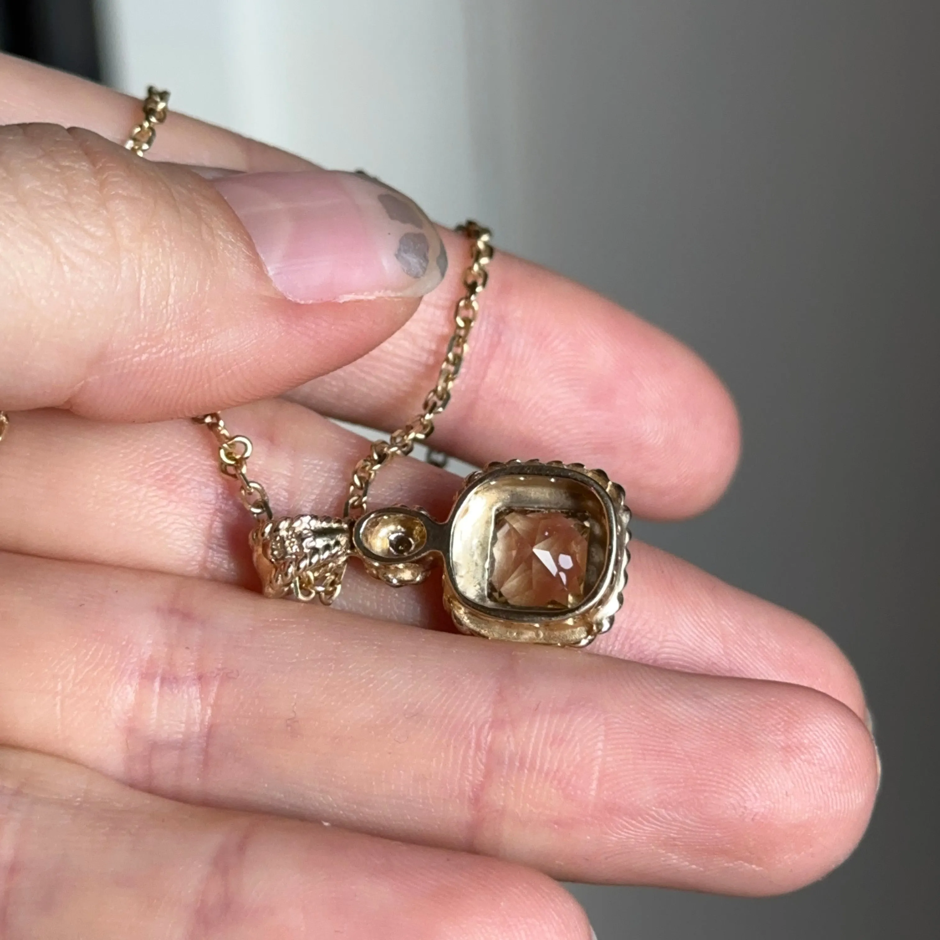Estate 14KT Yellow Gold Square Citrine, Diamond,   Tourmaline Chain Necklace