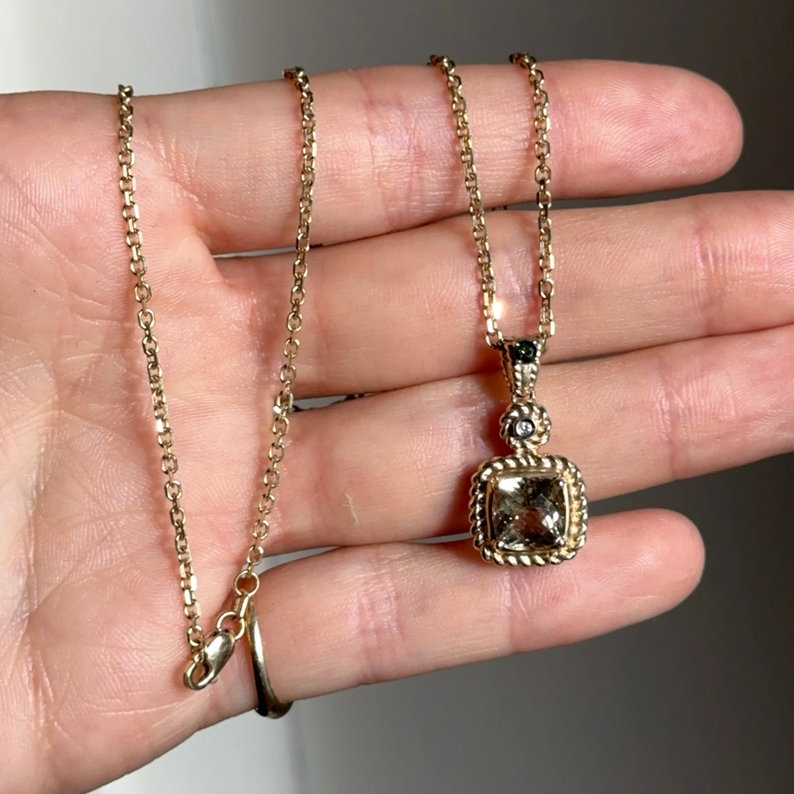 Estate 14KT Yellow Gold Square Citrine, Diamond,   Tourmaline Chain Necklace