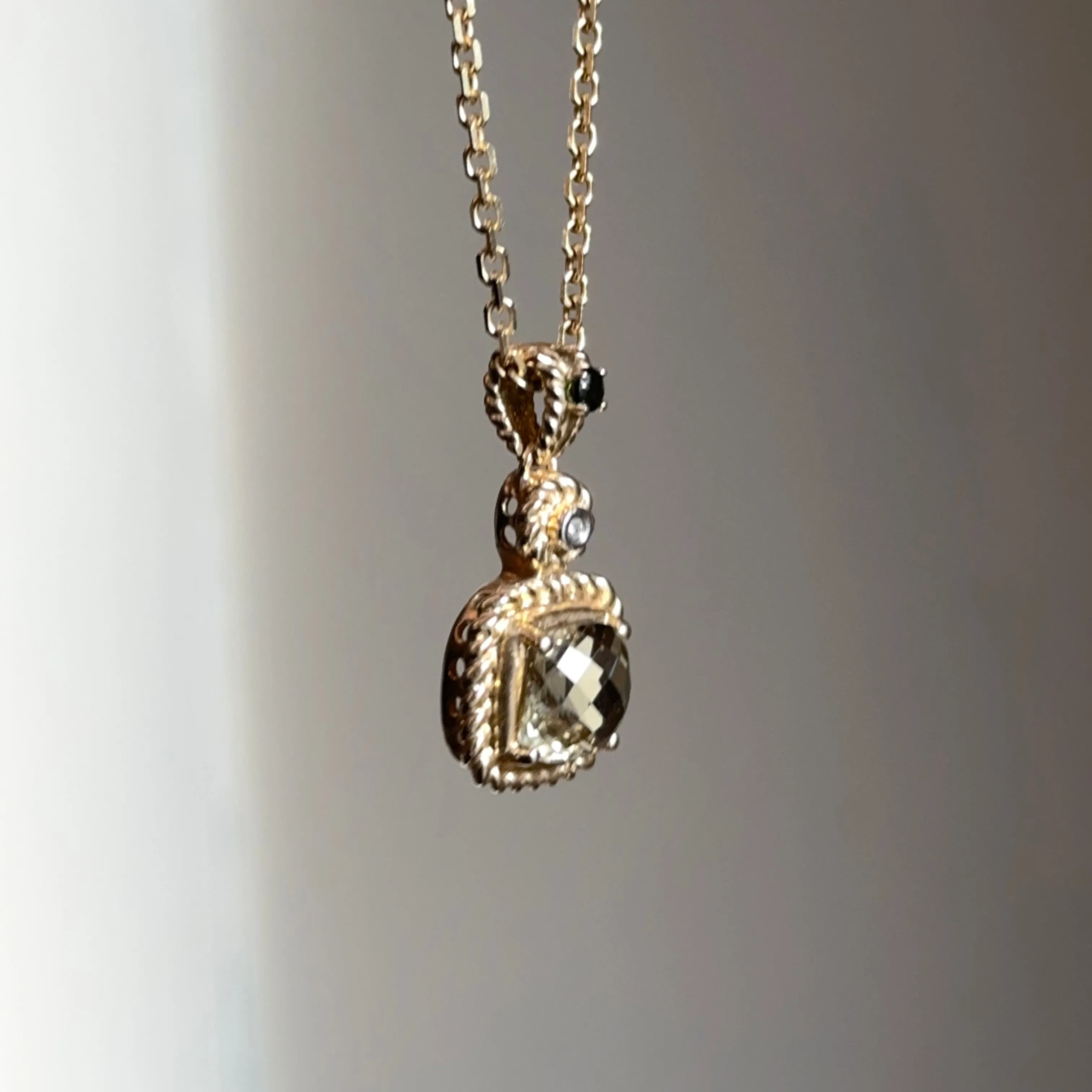 Estate 14KT Yellow Gold Square Citrine, Diamond,   Tourmaline Chain Necklace